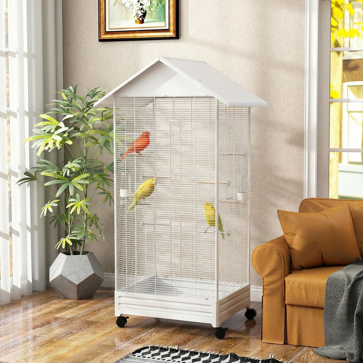 PAWHUT Cage à oiseaux sur roulettes tiroir amovible acier blanc