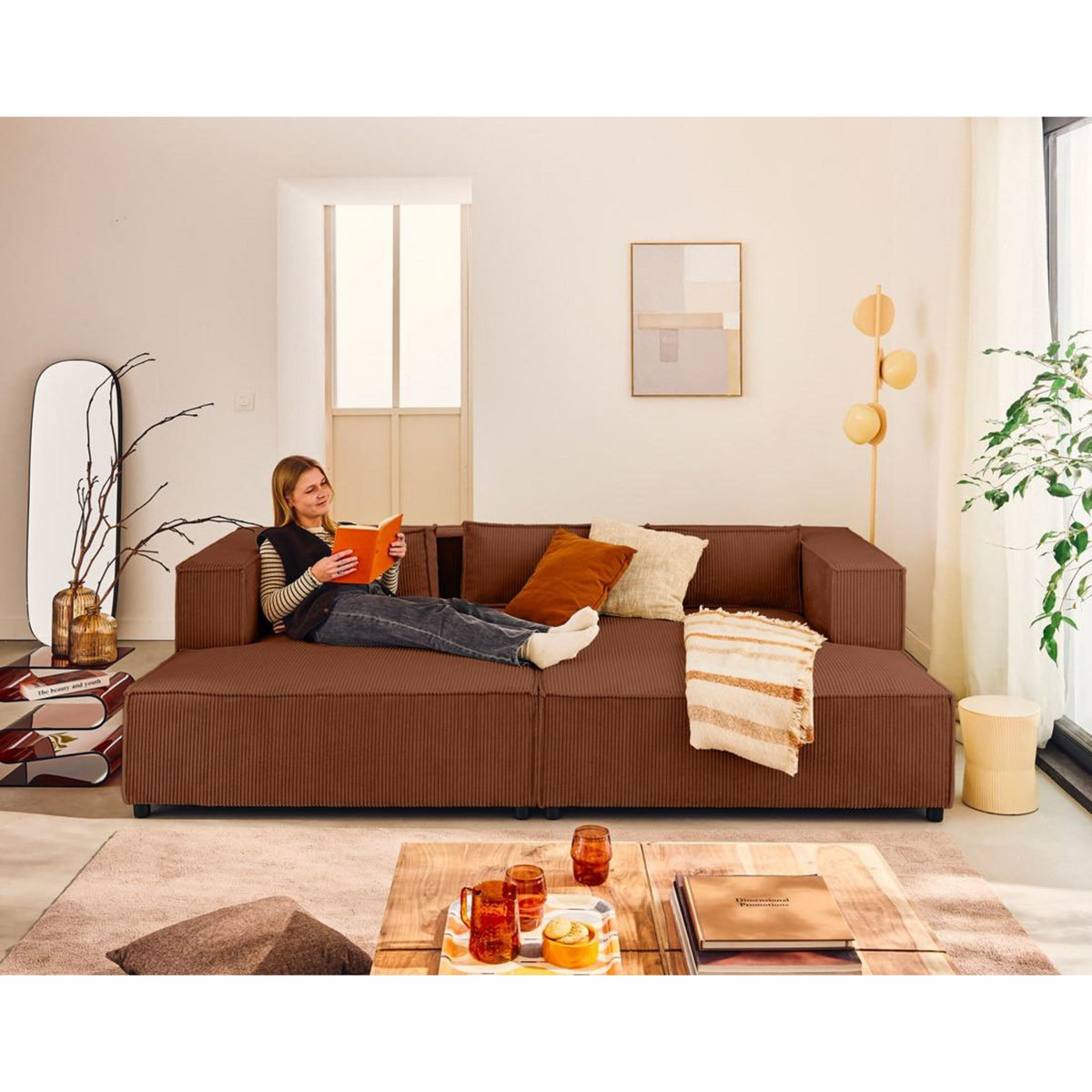 LISA DESIGN Stella - canapé droit 3 places avec double méridienne - assise profonde - en velours côtelé