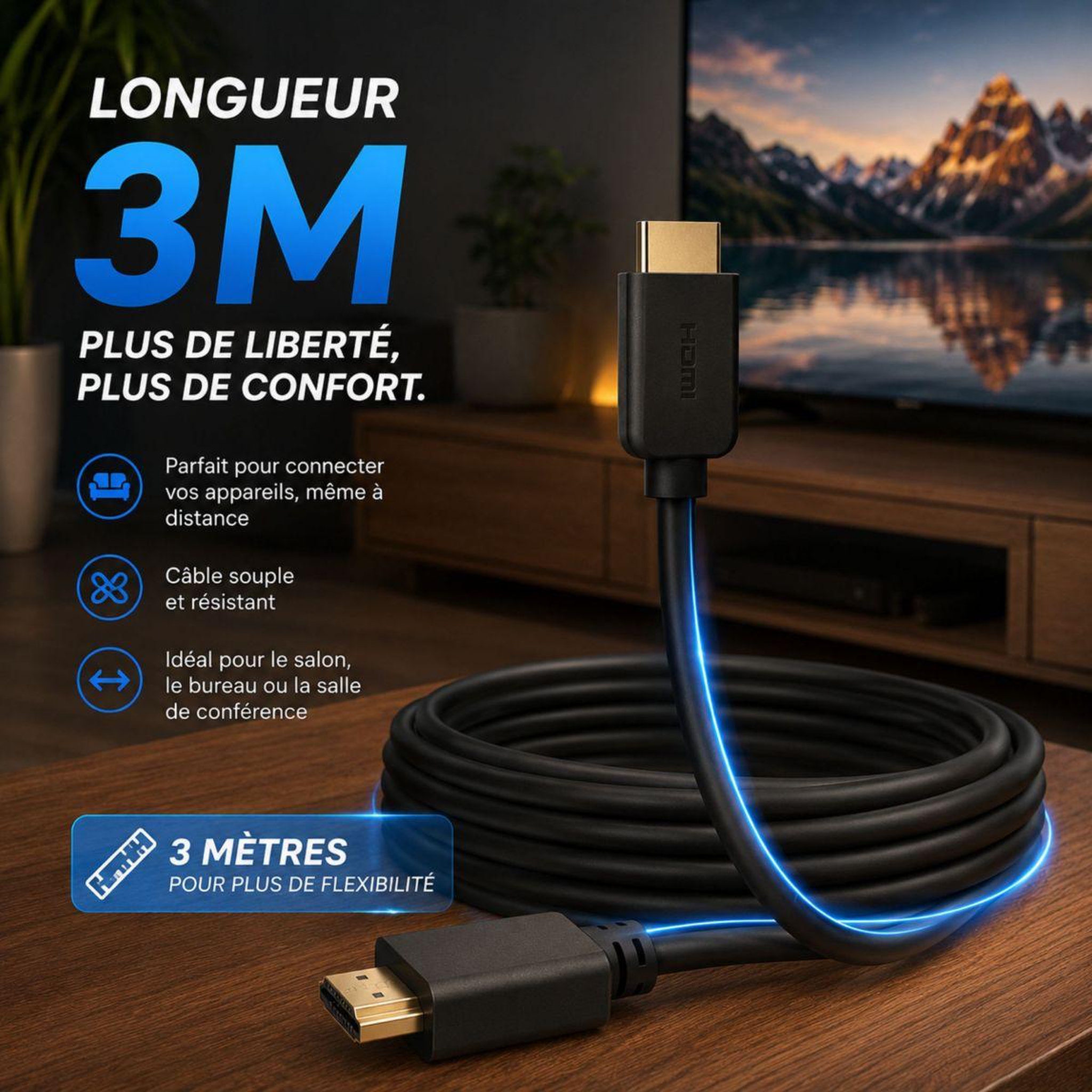 Voir la diapositive 3 : ESSENTIEL B Câble HDMI 2.0/18Gbps 3M Noir