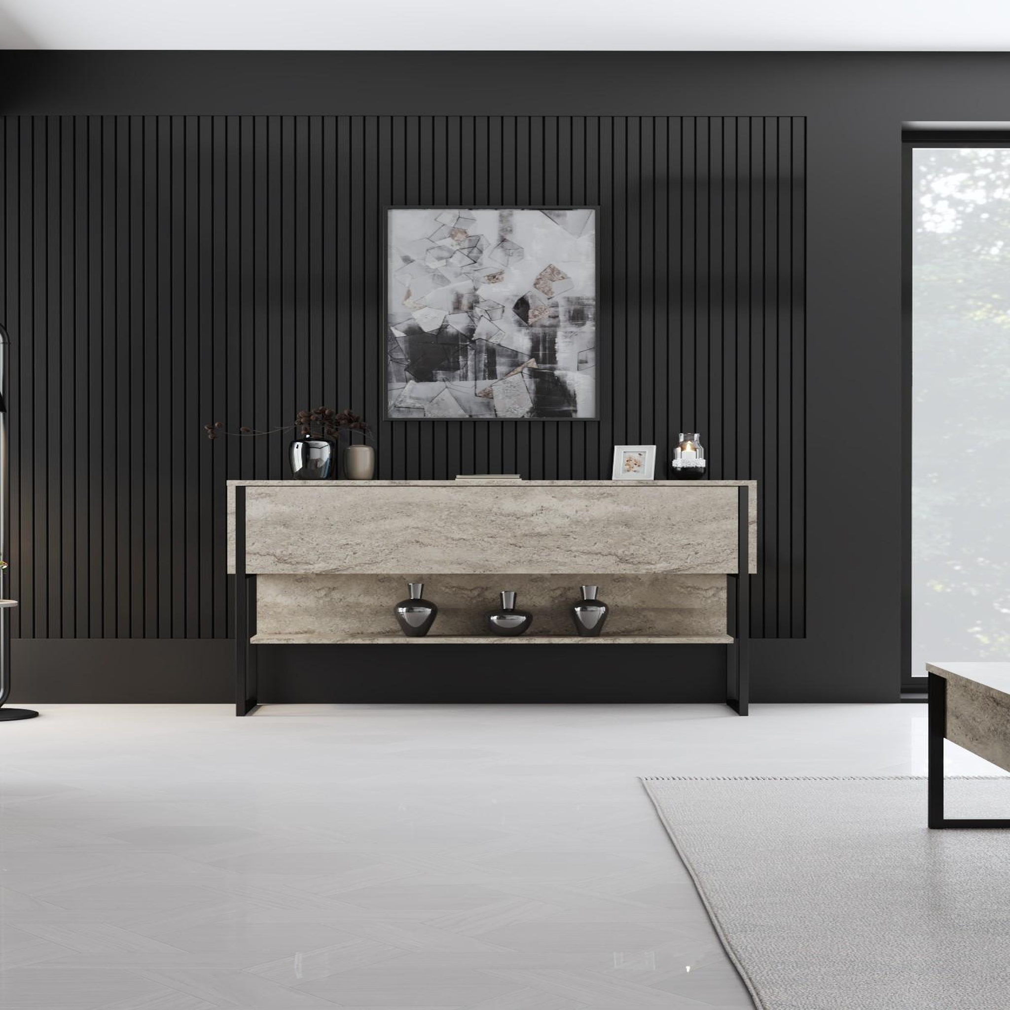 Voir la diapositive 4 : Habitat et Jardin Console en bois  luxe  - 120 x 30 x 80 cm - travertin noir