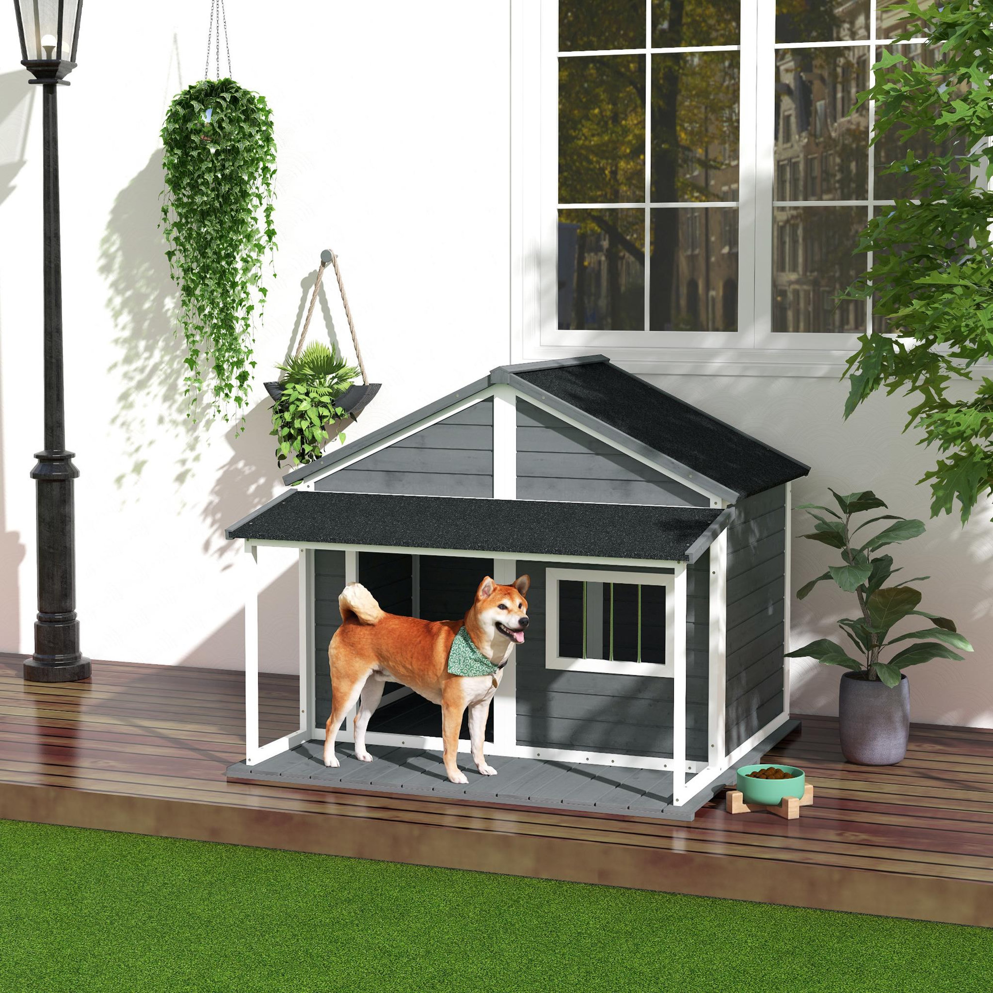 Voir la diapositive 2 : PAWHUT Niche pour chien extérieur terrasse et toit bitumé bois gris