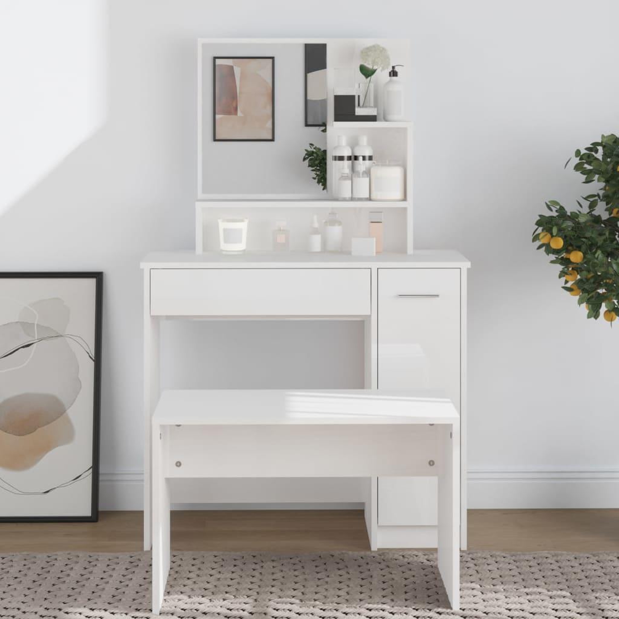 Voir la diapositive 1 : VIDAXL Coiffeuse avec miroir blanc brillant 86,5x35x136 cm