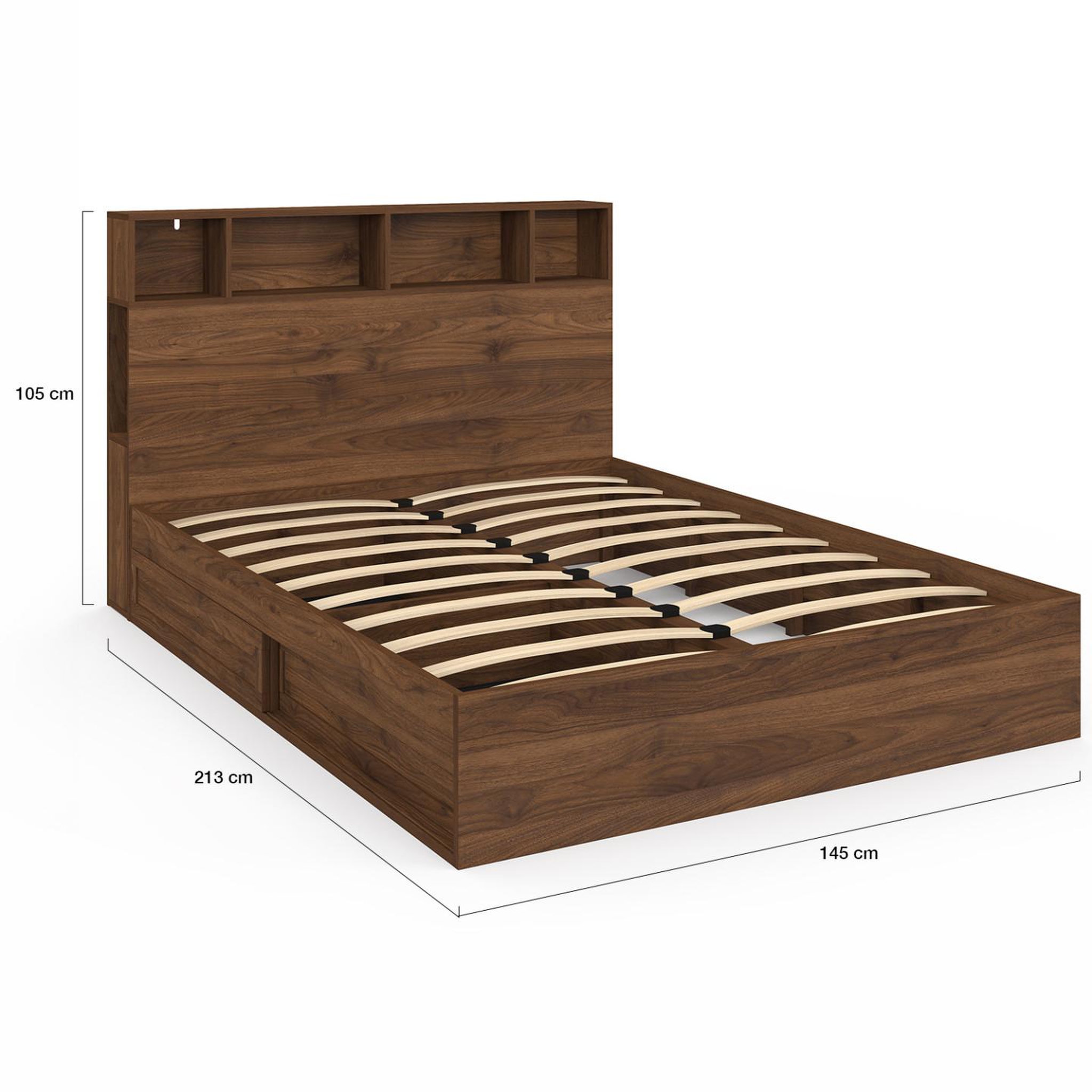 Voir la diapositive 5 : ID MARKET Lit double clem avec rangements + tête de lit et sommier 140 x 190 cm effet noyer