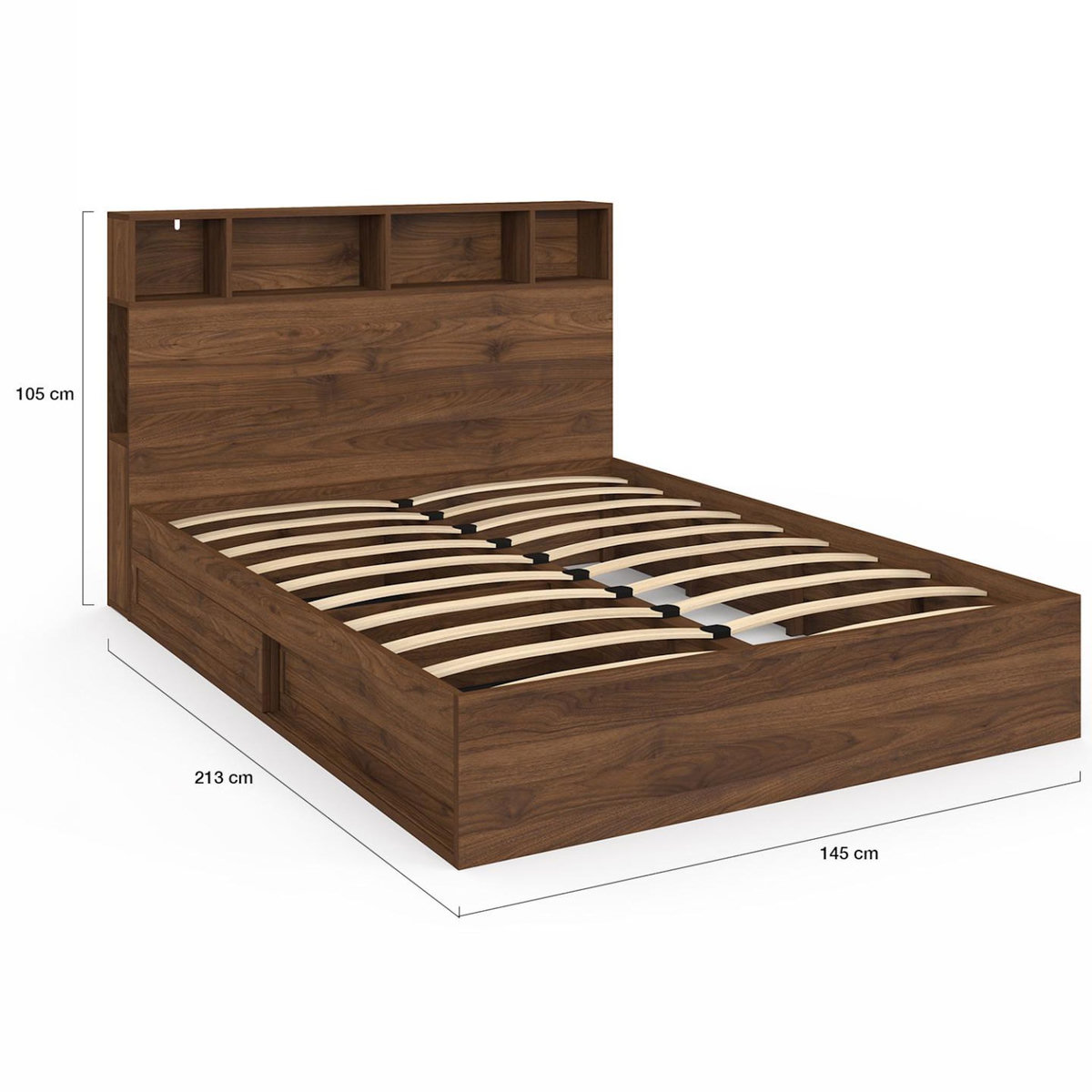 ID MARKET Lit double CLEM avec rangements + tête de lit et sommier 140 x 190 cm effet noyer