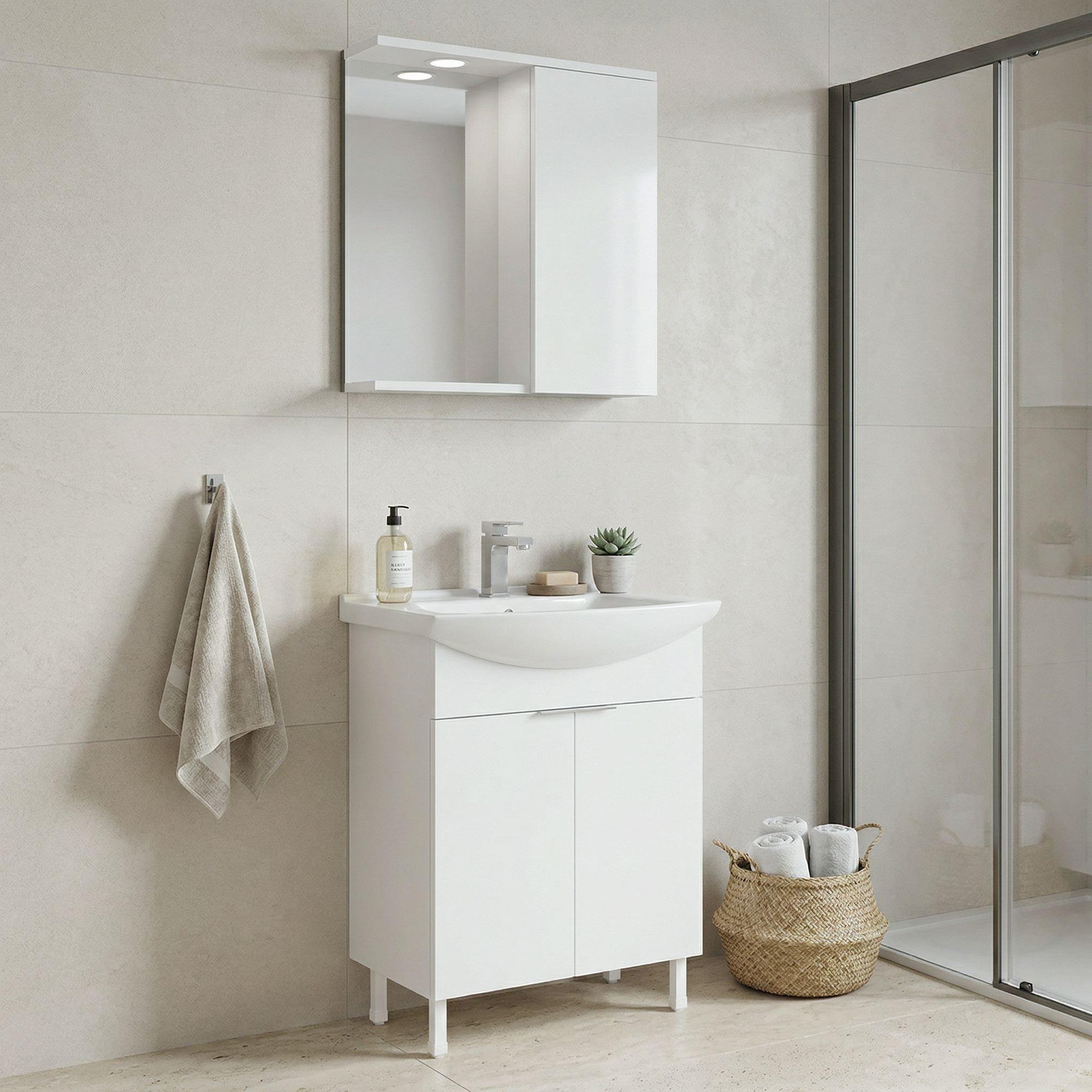 Voir la diapositive 2 : Habitat et Jardin Meuble avec simple vasque et miroir  Purus 65  - 65 x 50 x 83 cm - White