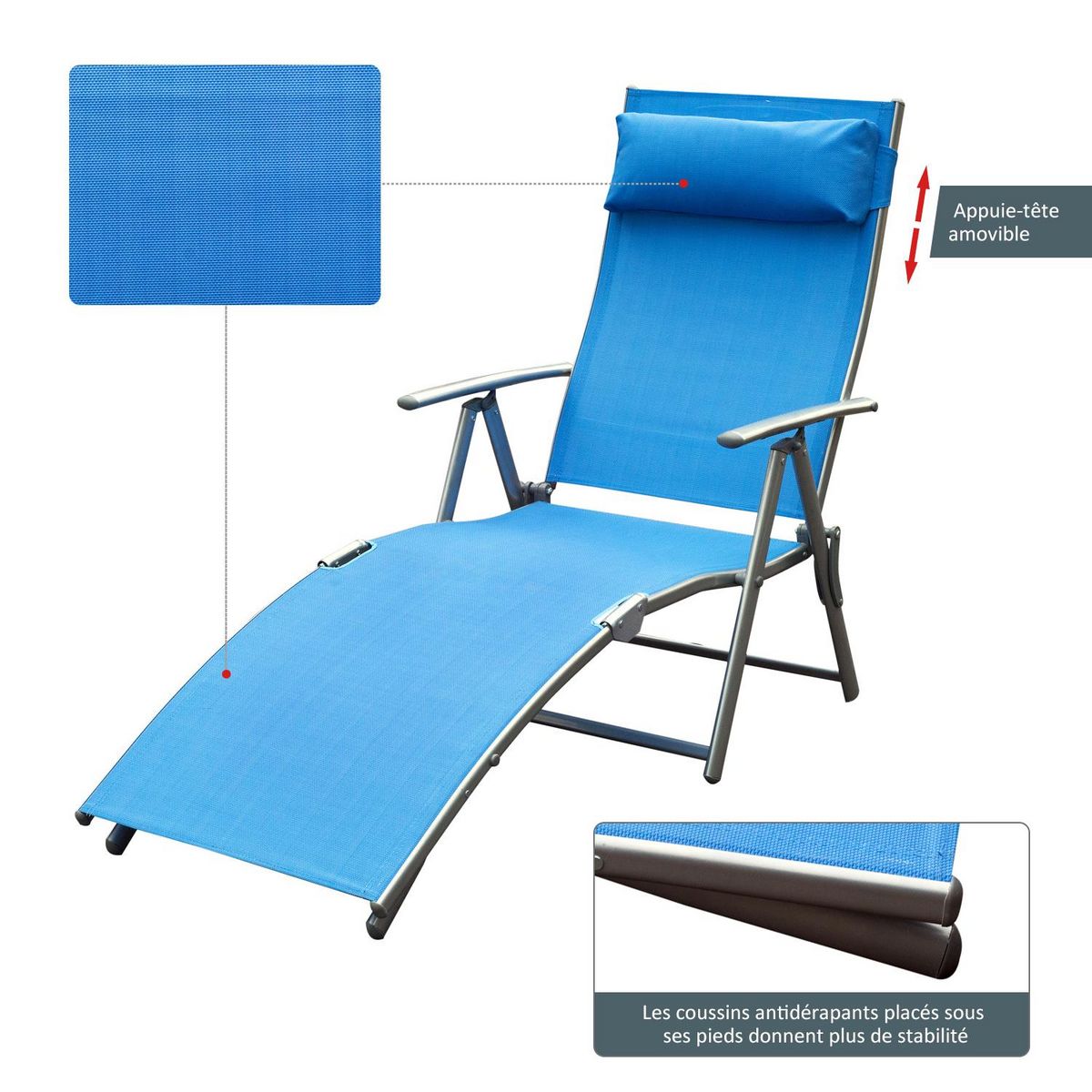 OUTSUNNY Outsunny transat chaise longue bain de soleil pliable dossier inclinable multi-positions têtière fournie 137L x 64l x 101H cm métal époxy textilène bleu
