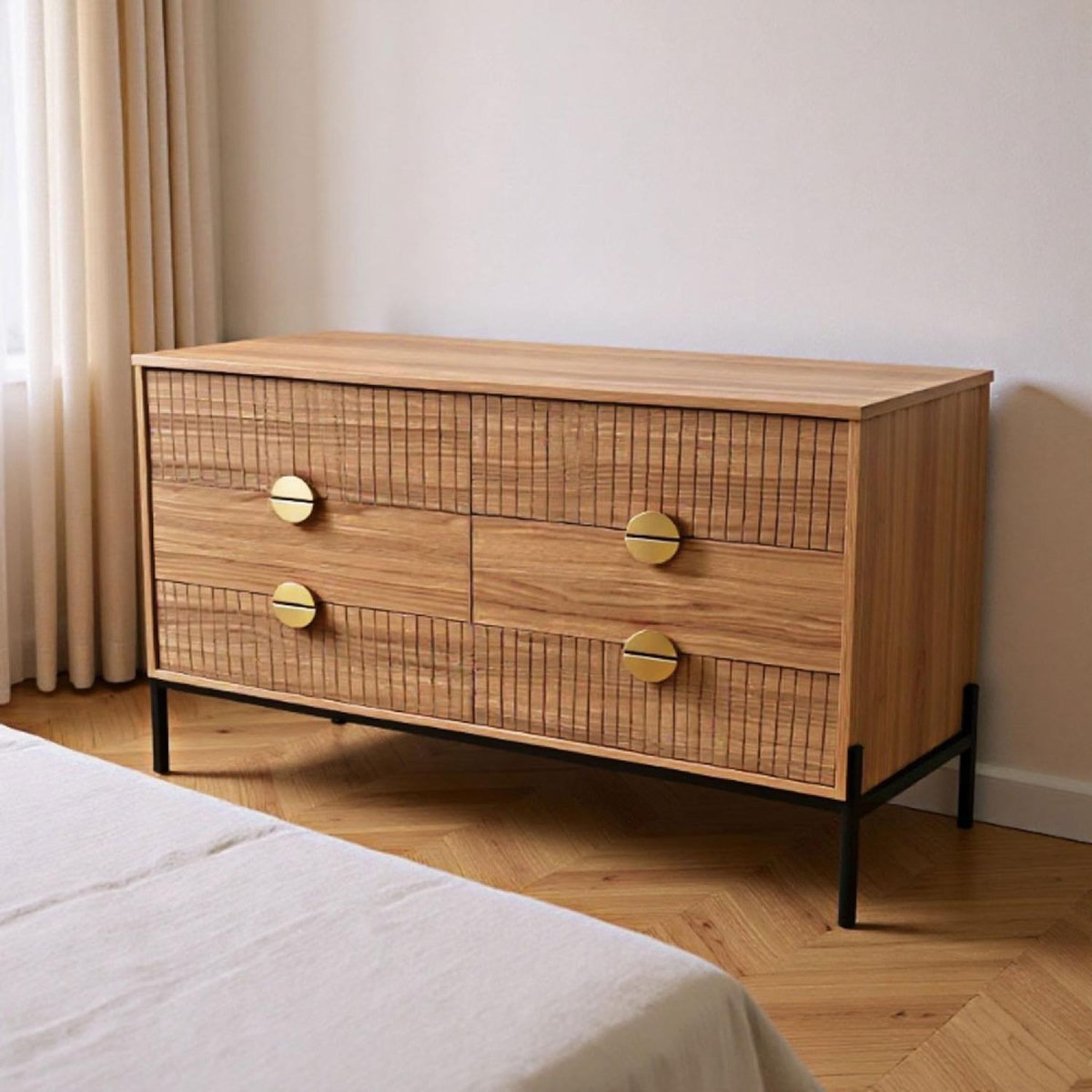 CONCEPT USINE Commode 6 tiroirs décor bois rainuré 124cm VALLO