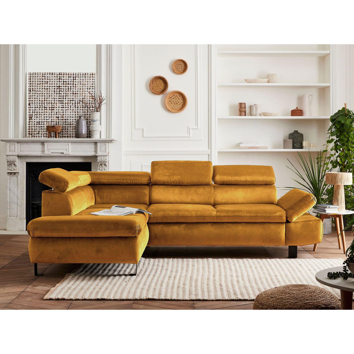 LISA DESIGN Nairobi - canapé d'angle convertible - en velours - 5 places - avec têtières - gauche