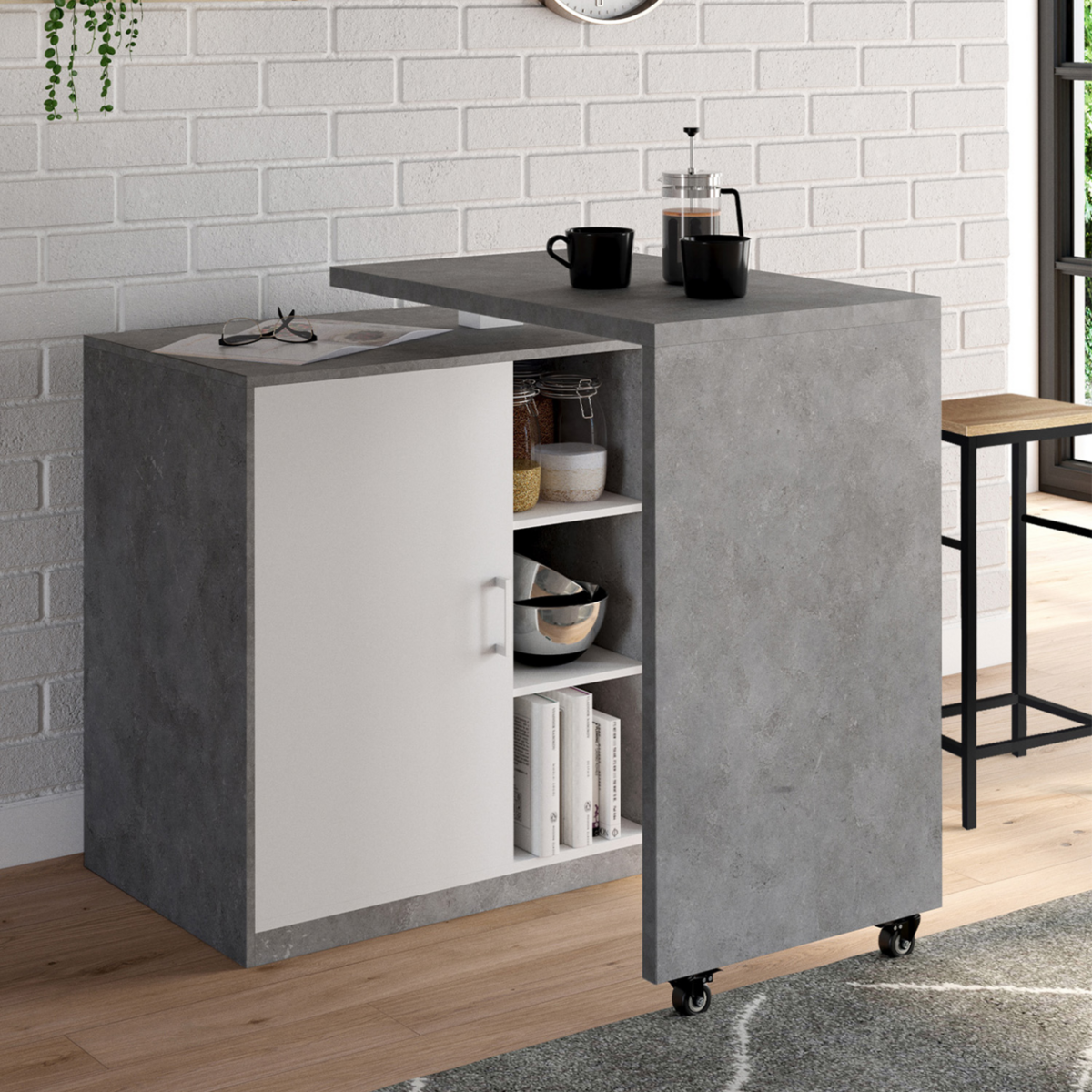 ID MARKET Ilot rotatif POLO meuble de bar pivotant 2 en 1 imitation béton porte blanche