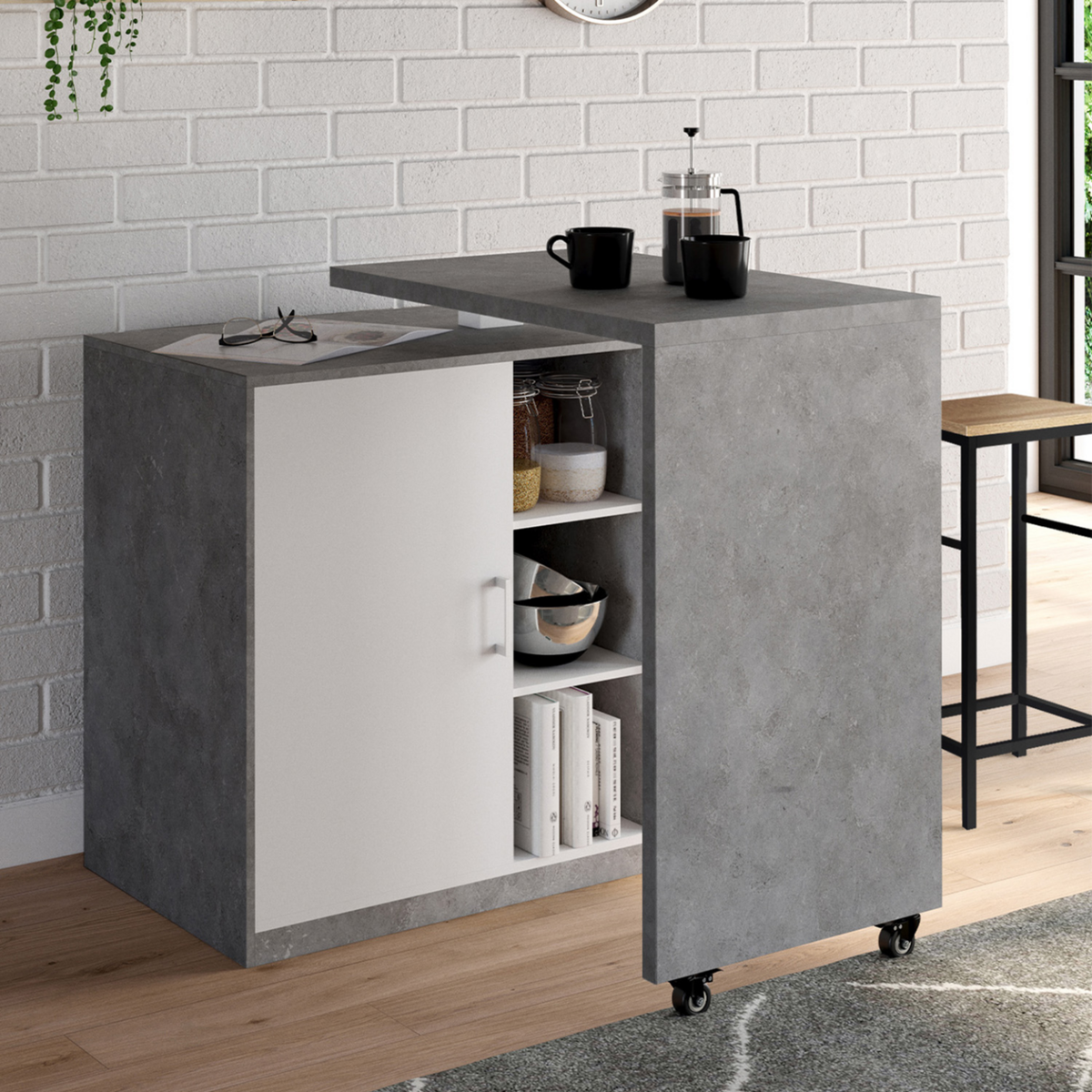 ID MARKET Ilot rotatif POLO meuble de bar pivotant 2 en 1 imitation béton porte blanche