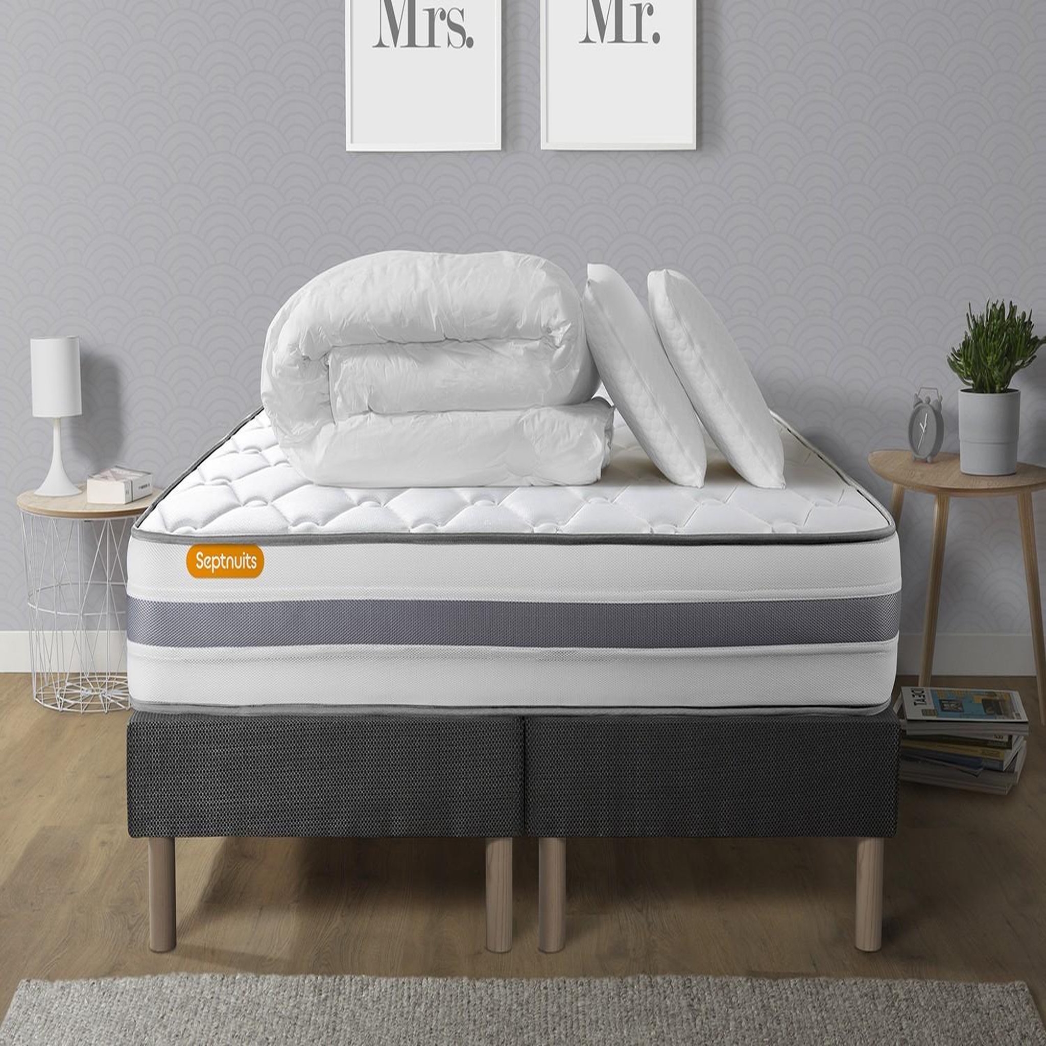 SEPTNUITS Pack matelas + double sommiers gris Memo Spring Ressorts ensachés 3 zones MAXI épaisseur + Couette + 2 oreillers. Coloris disponibles : Gris