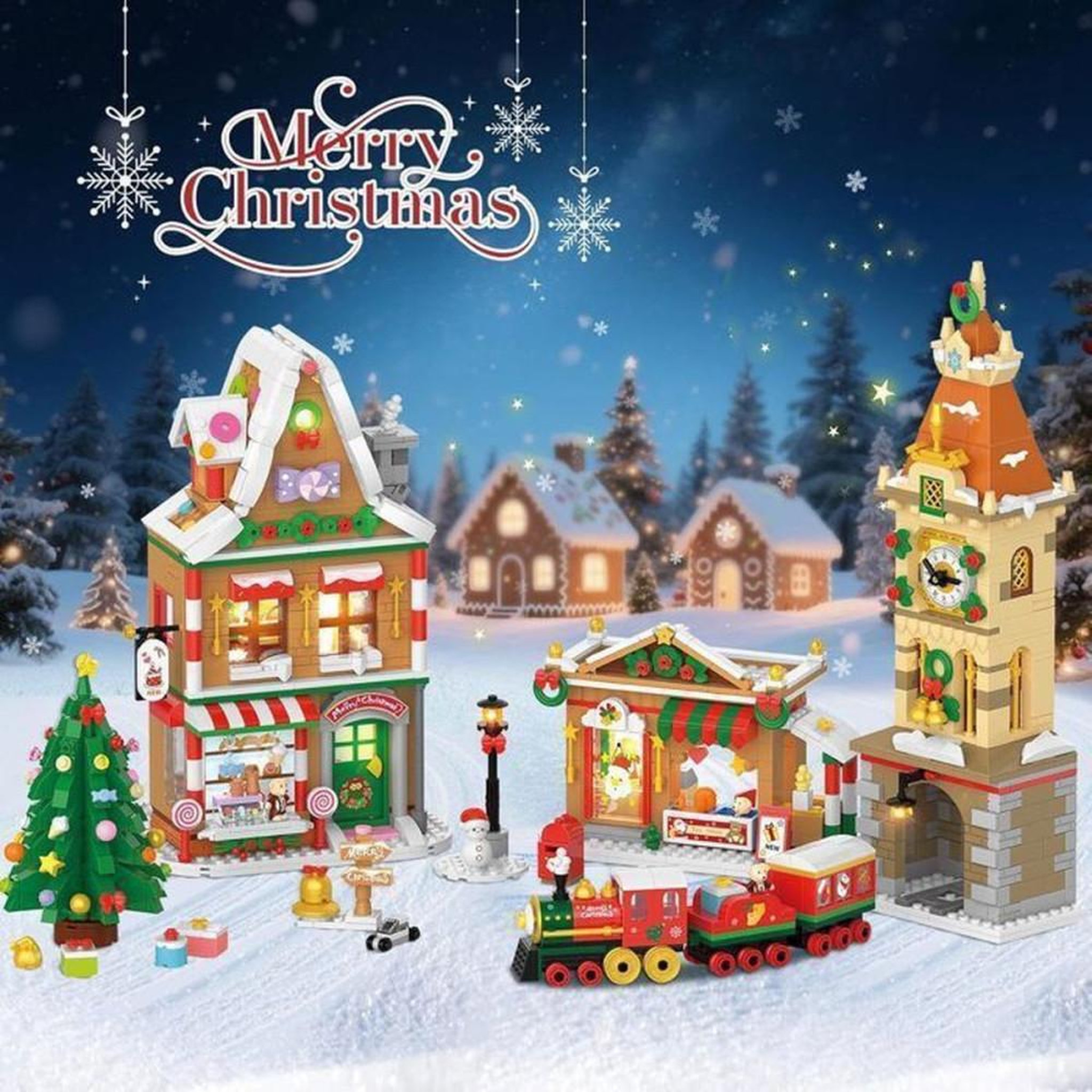 Voir la diapositive 4 : Kit calendrier de l'Avent 2026 INSOON en briques de construction de Noël, 1 759 pièces, 24 jours, 3 bâtiments avec lumières LED chaudes