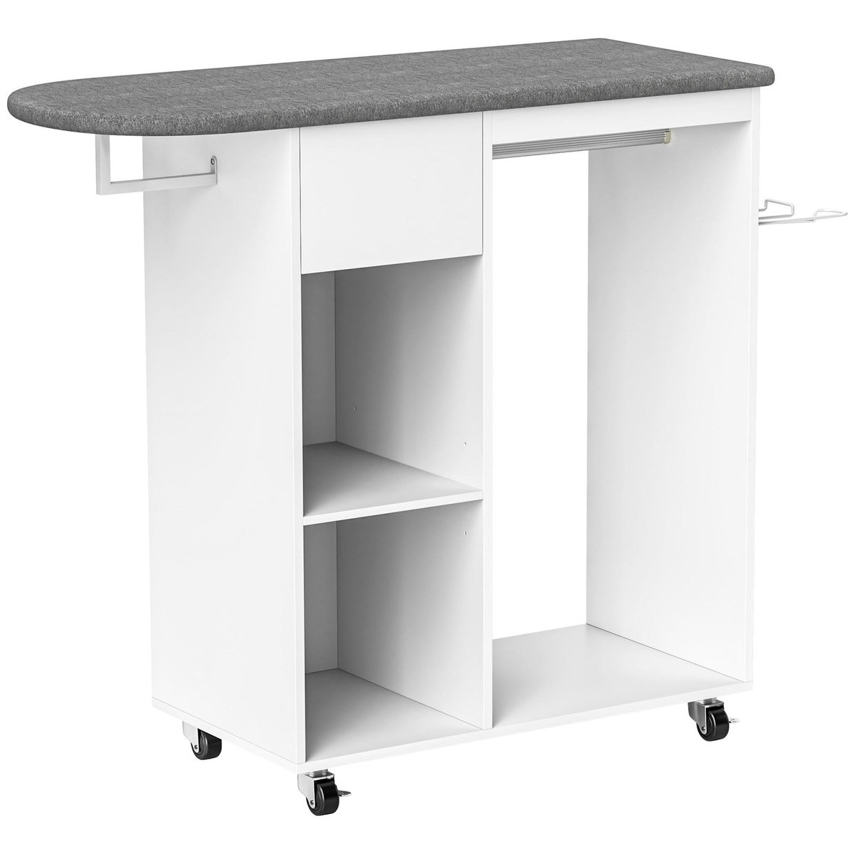 HOMCOM Table à repasser sur roulettes - 2 tringles, 2 niches, tiroir, support fer - toile planche incluse blanc gris