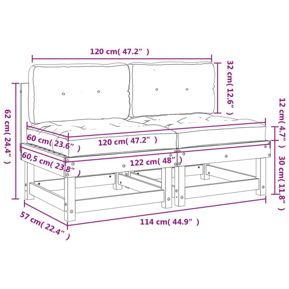 VIDAXL Canapes centraux avec coussins 2 pcs blanc bois de pin massif