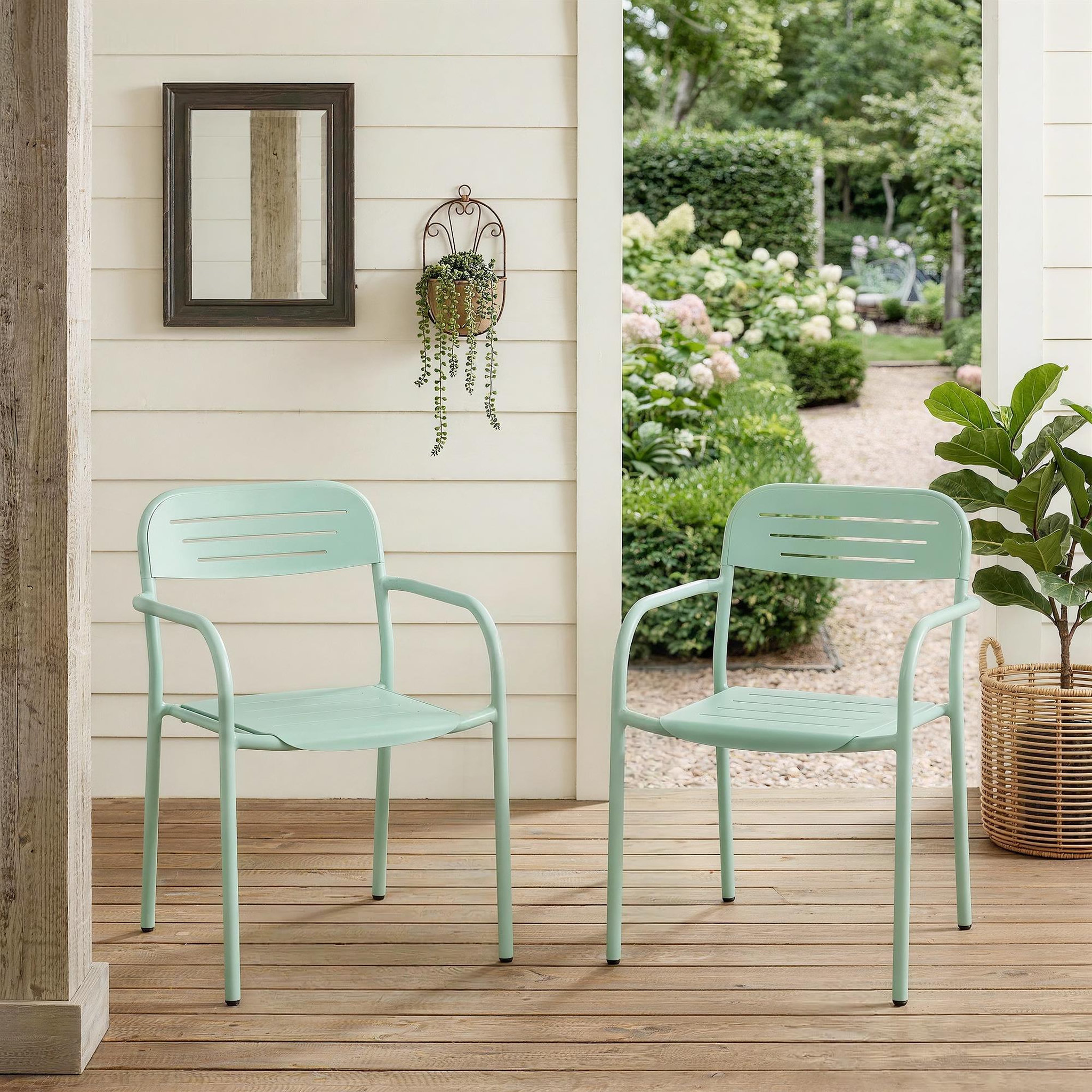 Voir la diapositive 2 : OUTSUNNY Lot de 2 chaises de jardin empilables métal vert d'eau