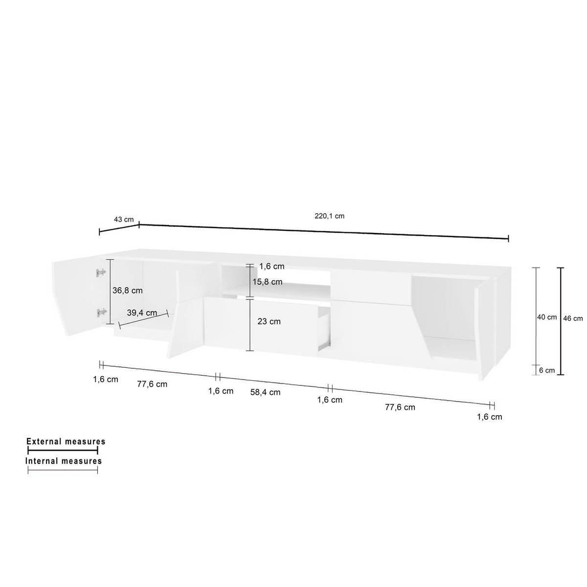 Meuble TV moderne 4 portes 2 tiroirs L220cm SORRENTE