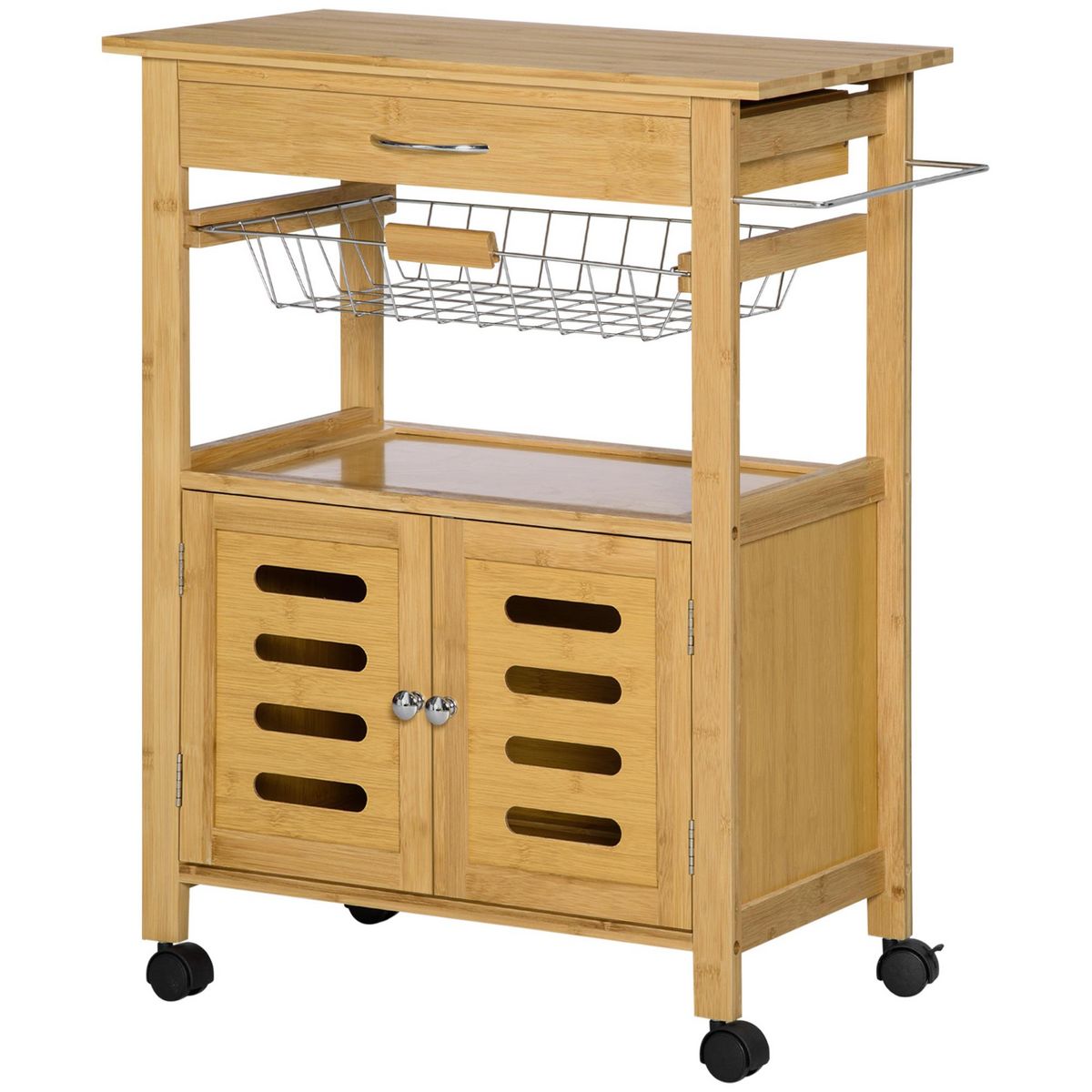 HOMCOM Desserte cuisine sur roulettes chariot de service meuble de rangement avec un tiroir, un panier coulissant, un porte-torchon et armoire en bambou