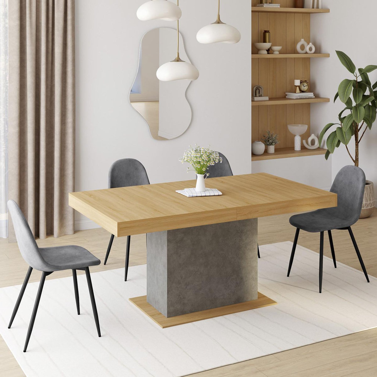 ID MARKET Table à manger extensible rectangle EDEN 6-10 personnes bois et effet béton 160-200 cm