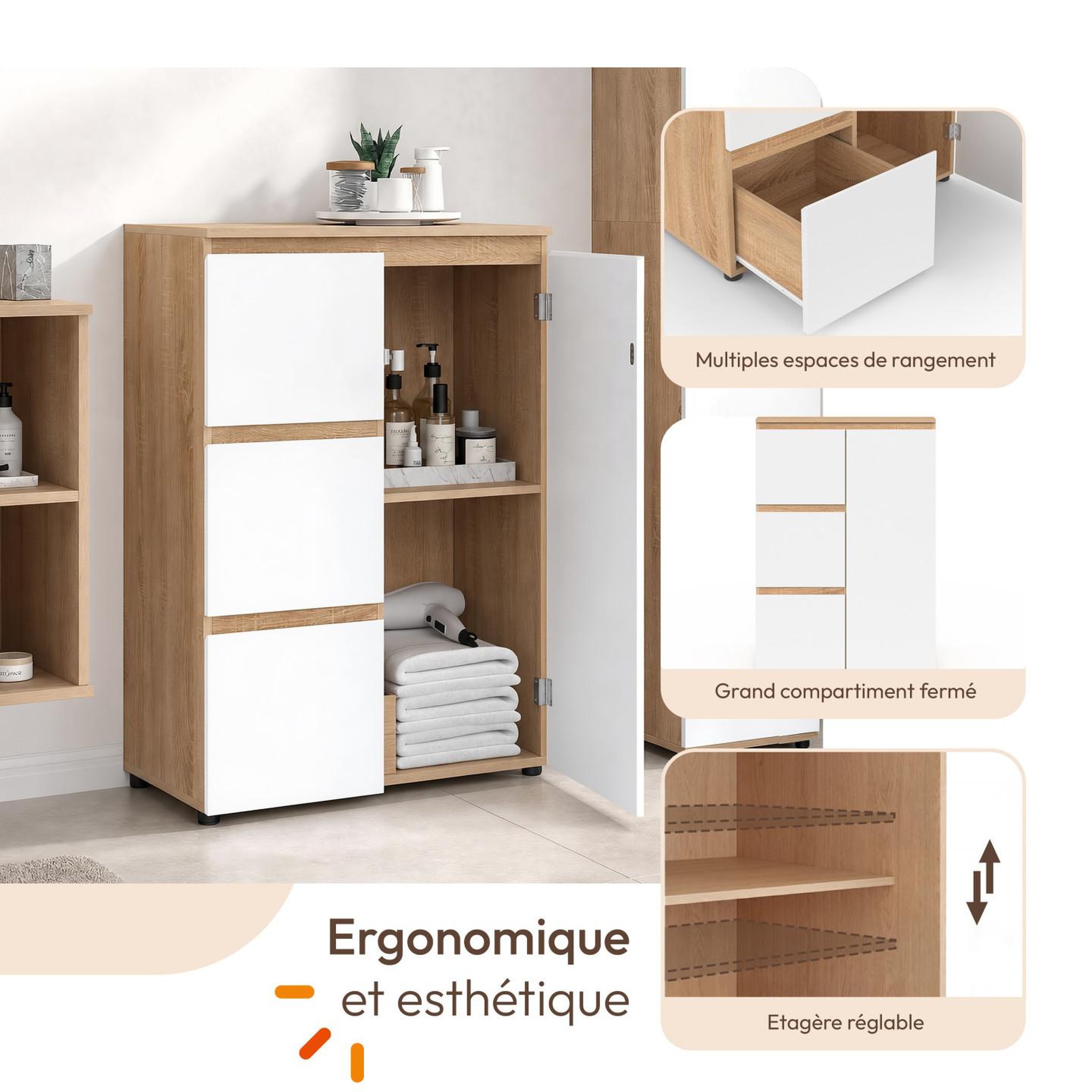 Voir la diapositive 3 : ID MARKET Meuble de rangement salle de bain tomi 3 tiroirs avec placard façon hêtre et blanc