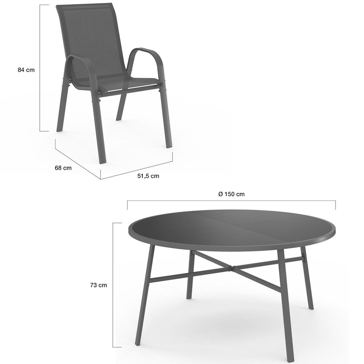 ID MARKET Salon de jardin MADRID table ronde 150 CM et 8 chaises empilables gris anthracite