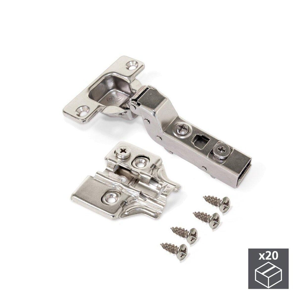 EMUCA SRL Lot de 20 charnières coudées pour montage rentrant X91 avec fermeture amortie et embases avec réglage excentrique à visser