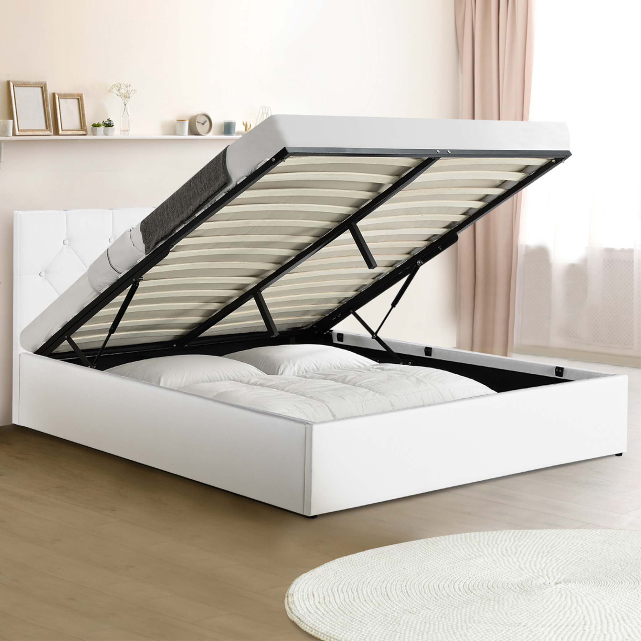 Voir la diapositive 2 : ID MARKET Lit coffre double austin avec tête de lit et sommier 140 x 190 cm pvc blanc