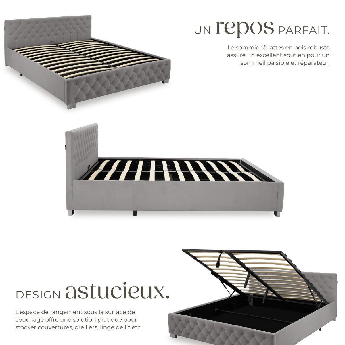 tectake Lit rembourré En aspect velours avec motif matelassé gris foncé 180 x 200 cm