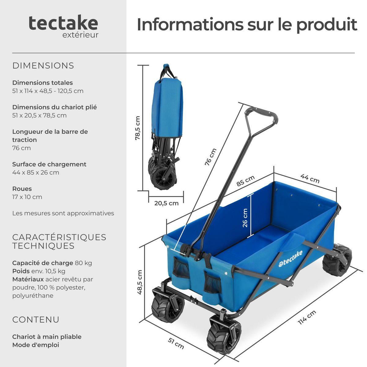 tectake Chariot de jardin et de transport pliable bleu