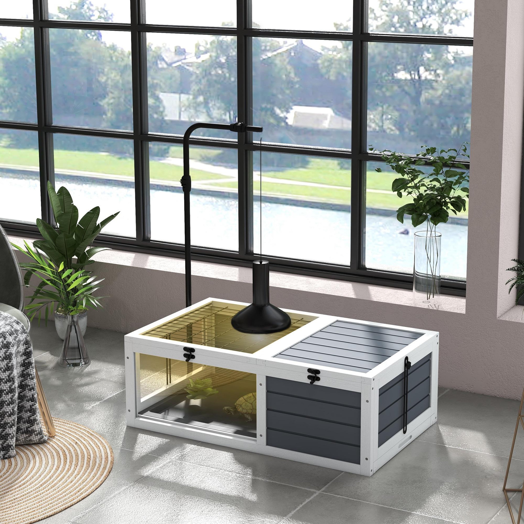 Voir la diapositive 2 : PAWHUT Maison enclos cage pour tortue petit animal avec 2 espaces support lampe réglable bois gris blanc