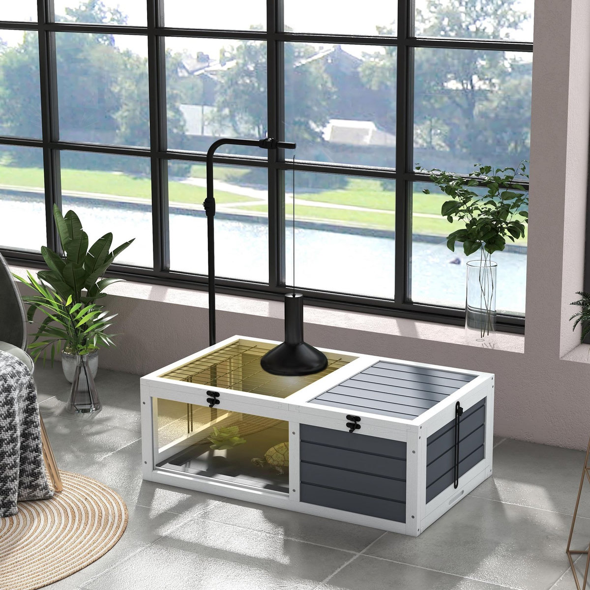 PAWHUT Maison enclos cage pour tortue petit animal avec 2 espaces support lampe réglable bois gris blanc