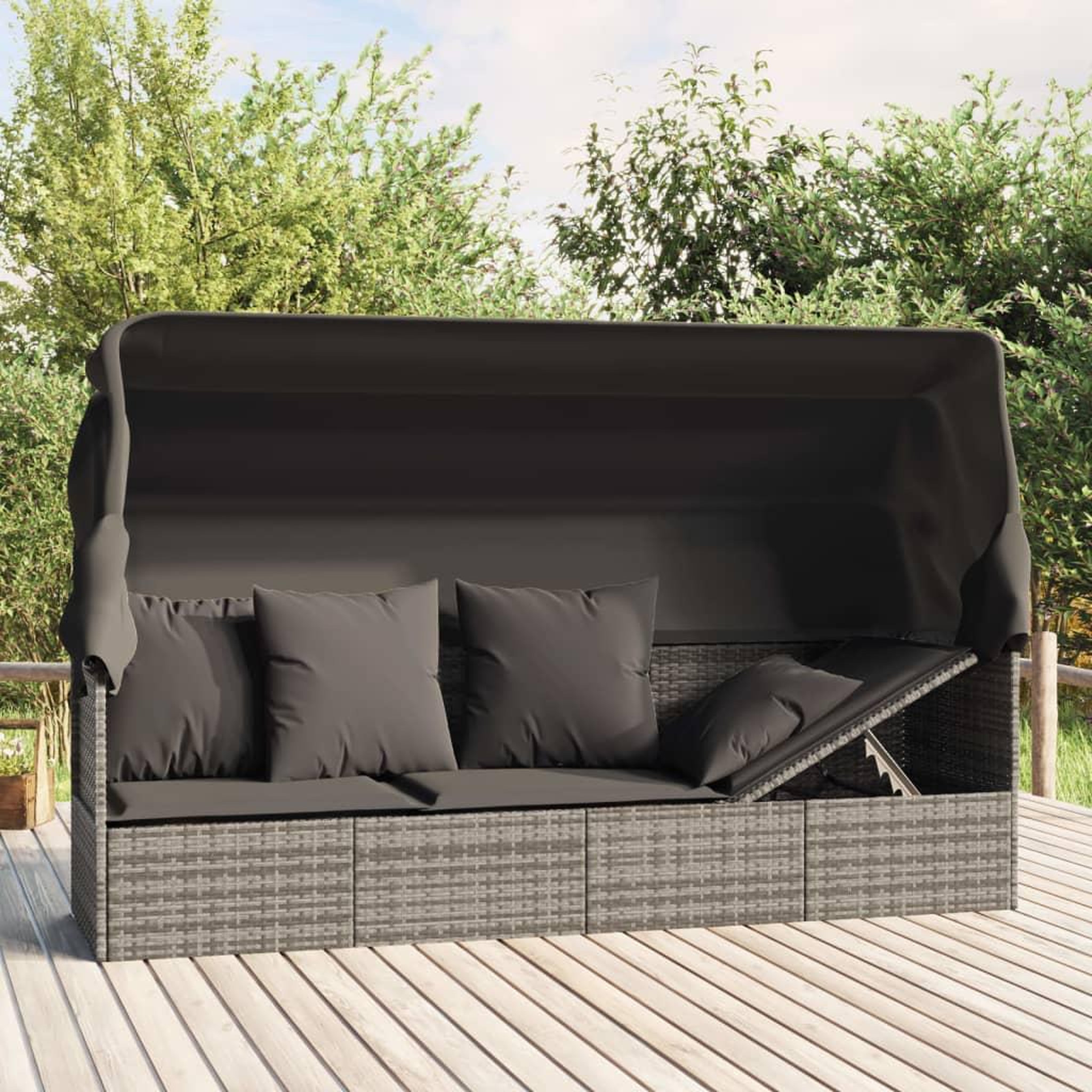 VIDAXL Lit de salon d'exterieur toit et coussins Gris Resine tressee