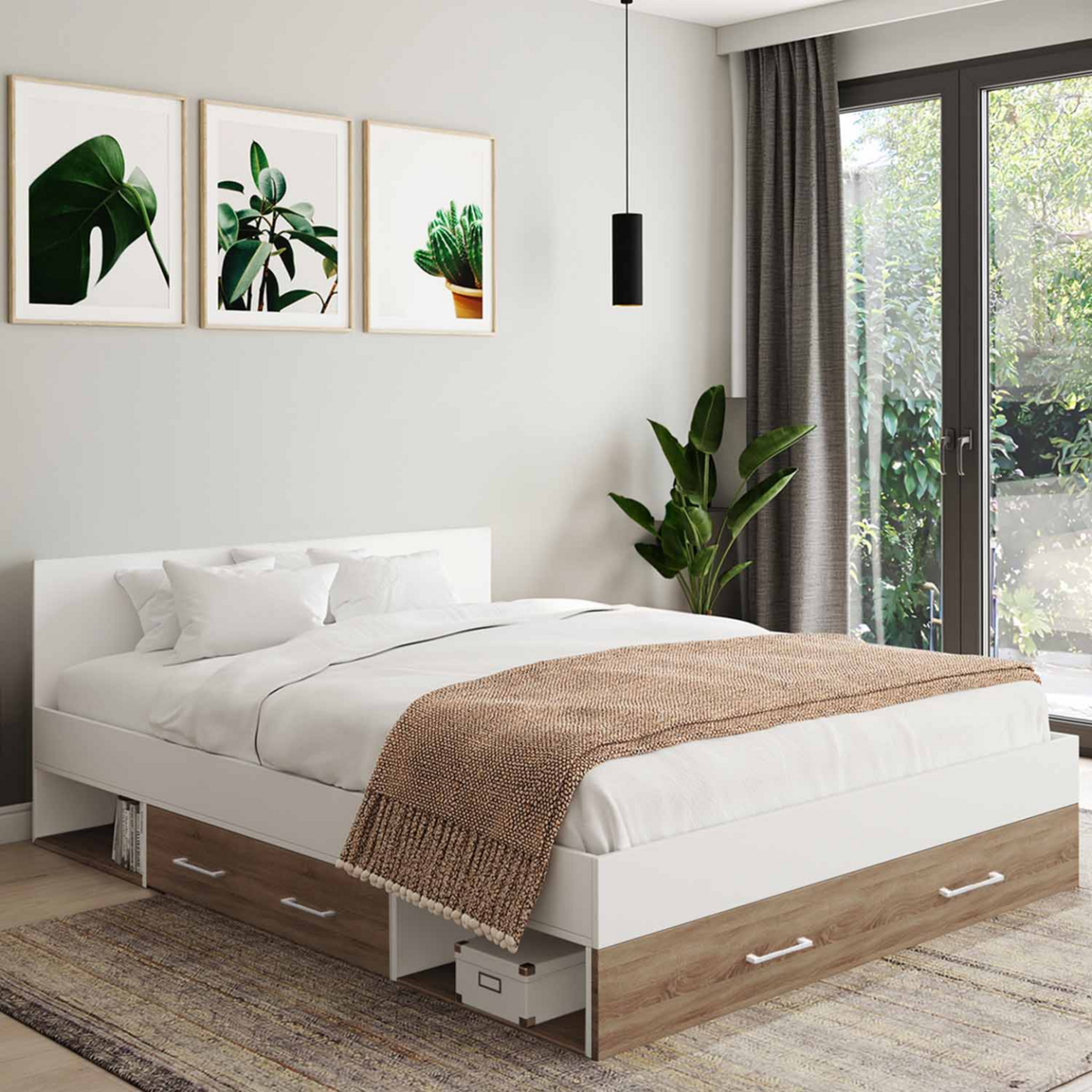 ID MARKET Lit double MINEA avec tiroirs + niches de rangement + tête de lit et sommier 140 x 190 cm façon hêtre et blanc