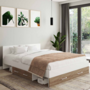 Voir la diapositive 2 : ID MARKET Lit double MINEA avec tiroirs + niches de rangement + tête de lit et sommier 140 x 190 cm façon hêtre et blanc