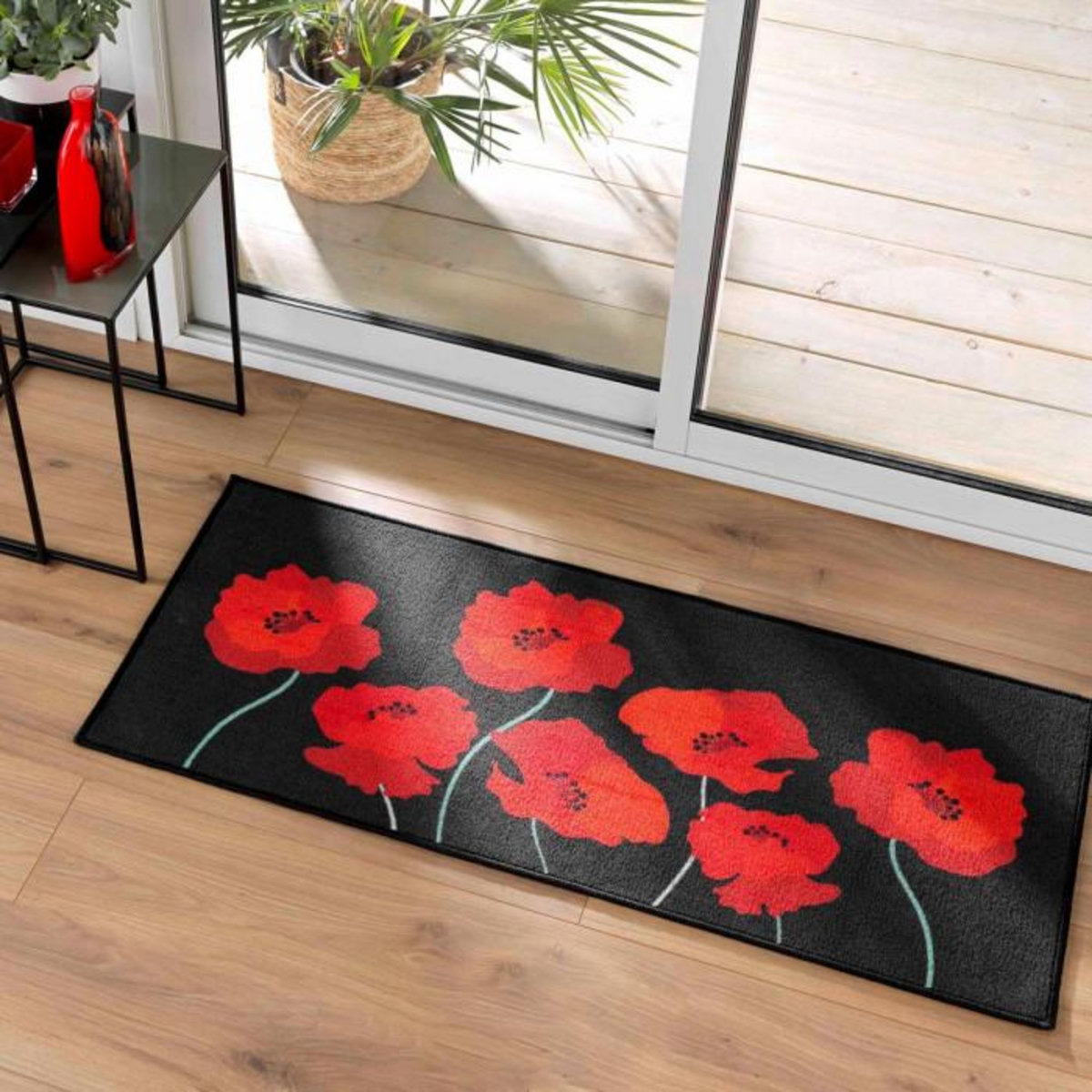 Paris Prix Tapis Déco Imprimé  Coquelicots  50x120cm Noir & Rouge