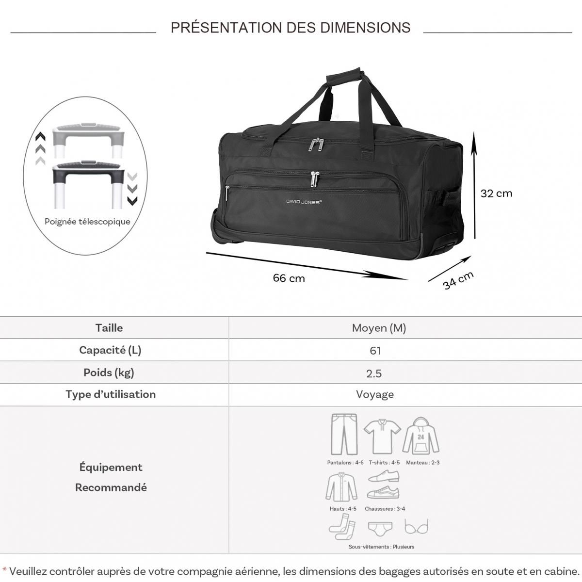 David Jones Sac de voyage avec roulettes 61L  66cm