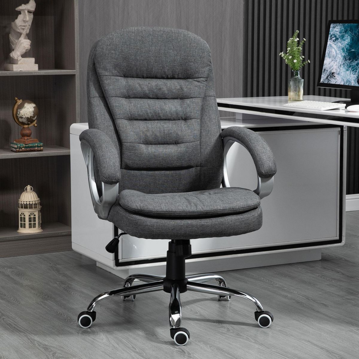HOMCOM Fauteuil de bureau manager chaise de bureau ergonomique double coussin réglable roulettes toile lin gris foncé