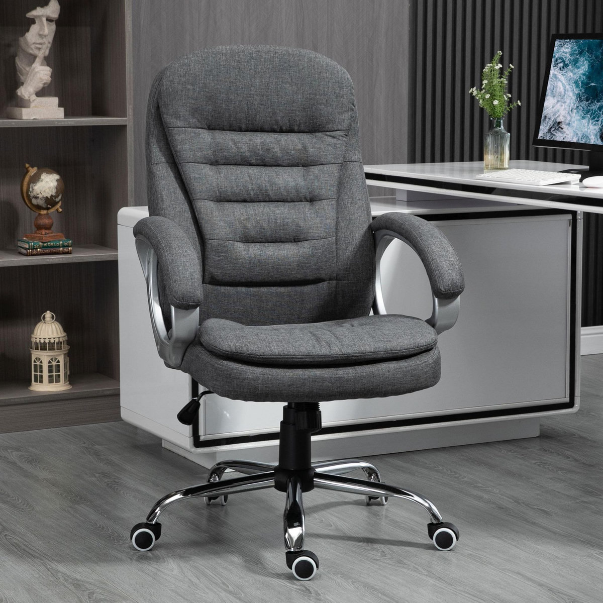HOMCOM Fauteuil de bureau manager chaise de bureau ergonomique double coussin réglable roulettes toile lin gris foncé