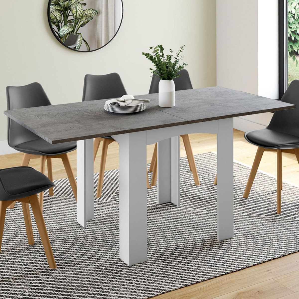 ID MARKET Table à manger extensible rectangle DONA 4-8 personnes plateau effet béton 80-160 cm