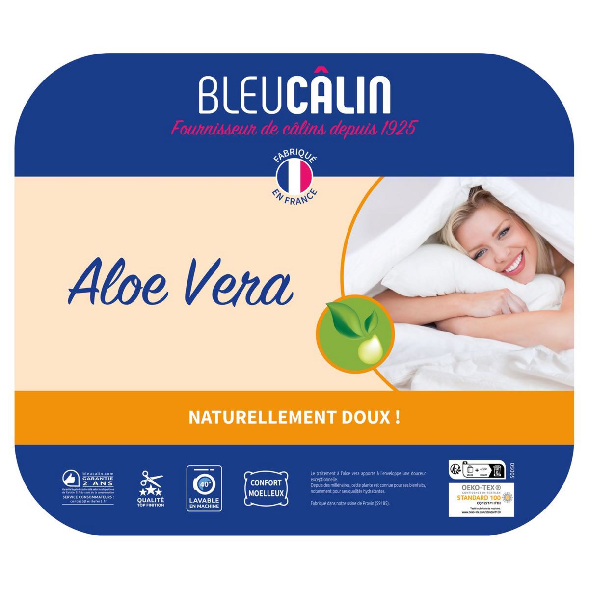 BLEU CALIN Oreiller confort moelleux en polyester enrichie aloé véra RELAXANT