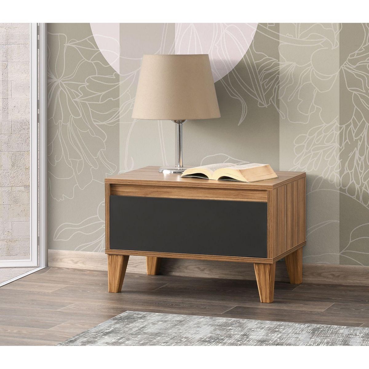 TOILINUX Table de chevet design effet bois avec 1 tiroir - L.60 x H.44 cm - Gris