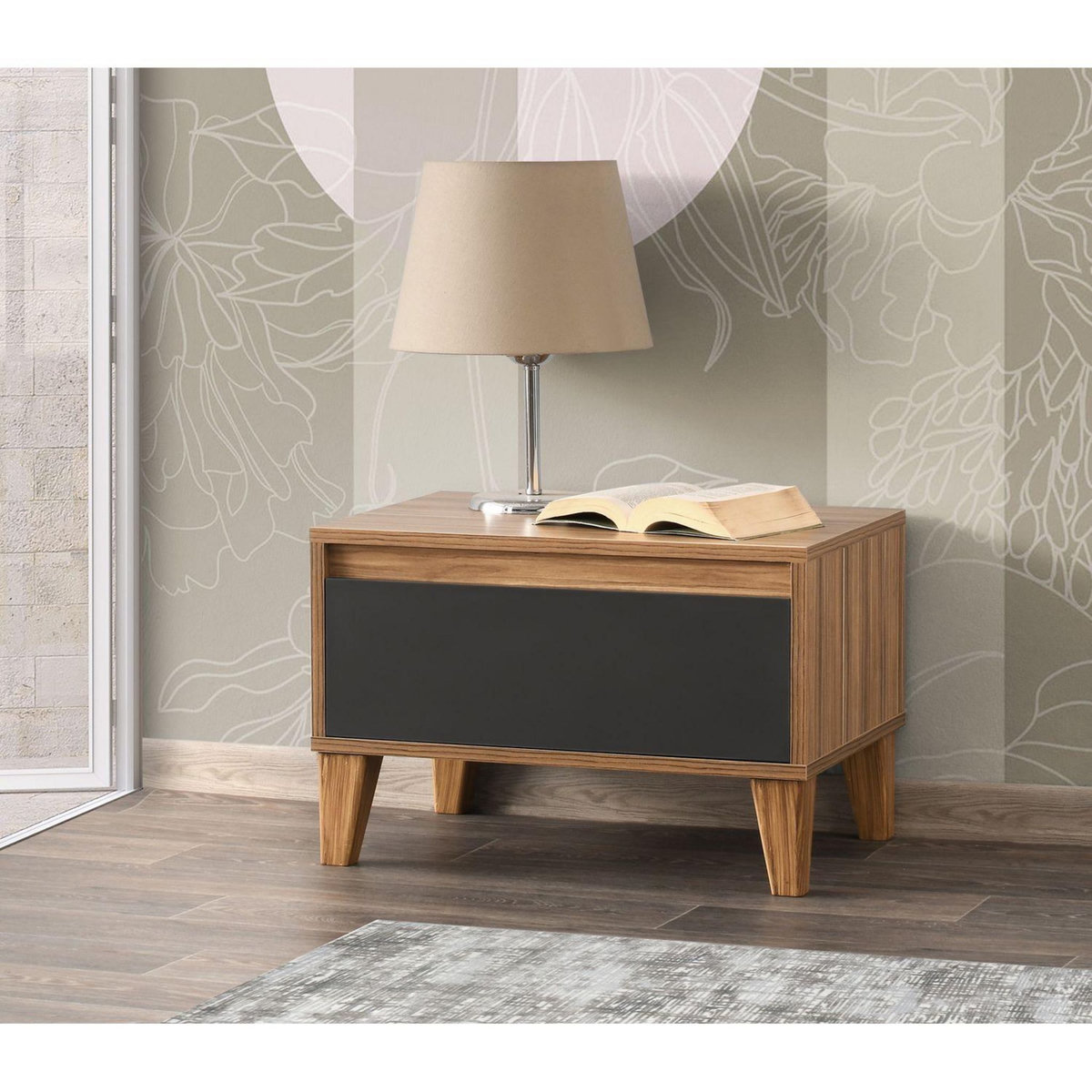 TOILINUX Table de chevet design effet bois avec 1 tiroir - L.60 x H.44 cm - Gris