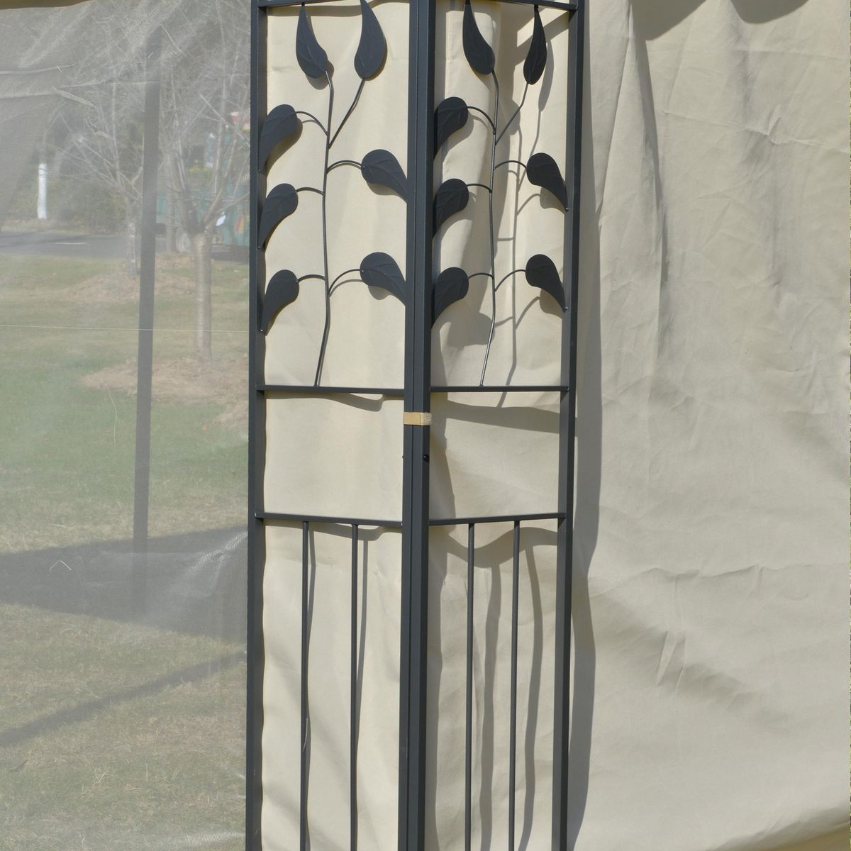 OUTSUNNY Pergola adossable dim. 4L x 3l x 2,7H m pavillon de jardin toile polyester haute densité moustiquaires crème structure métal époxy gris