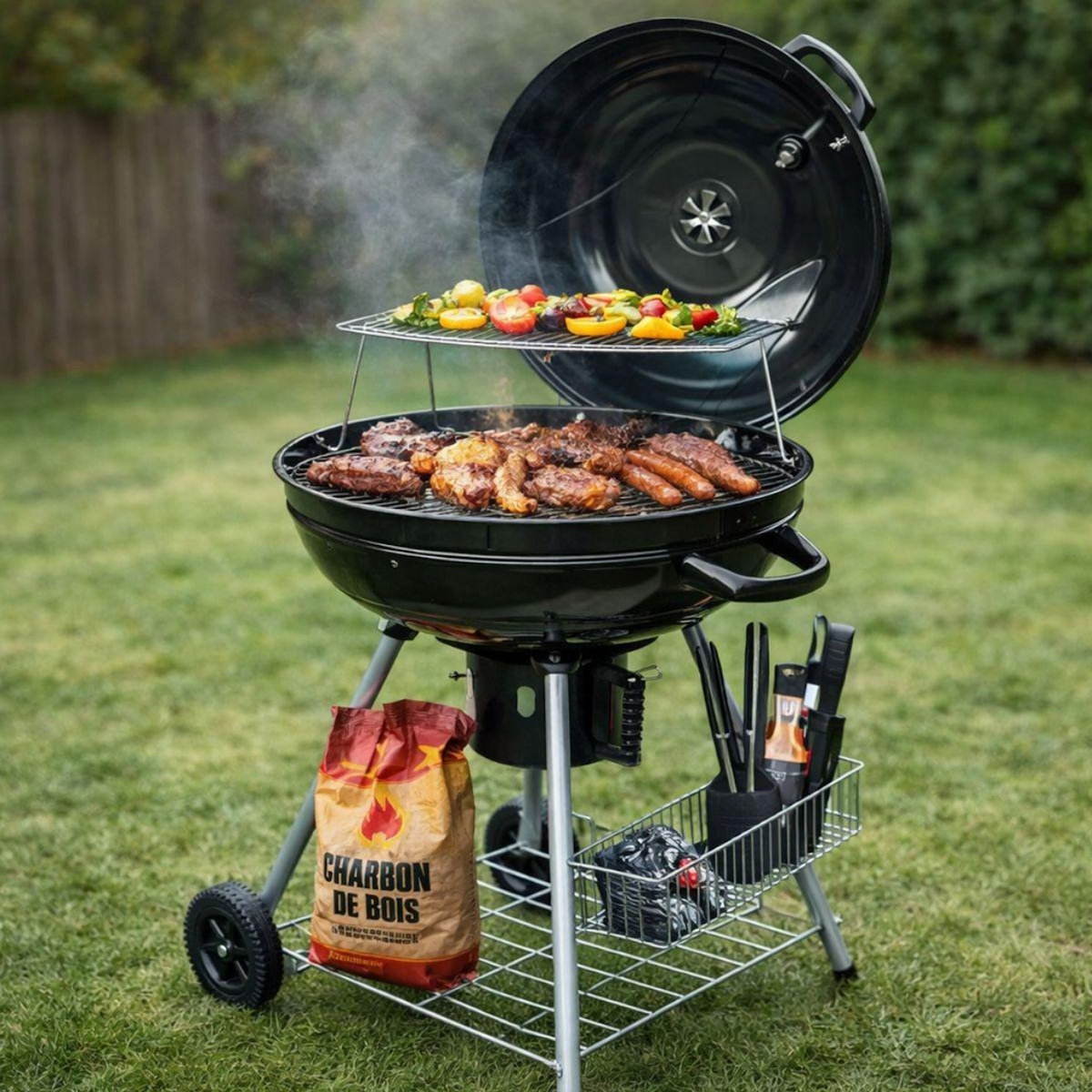 INTEC Barbecue à Charbon de Bois Ø54cm Double Grille Cuisson & Couvercle Thermostat Bac à cendres, Barbecue sur roues avec rangement