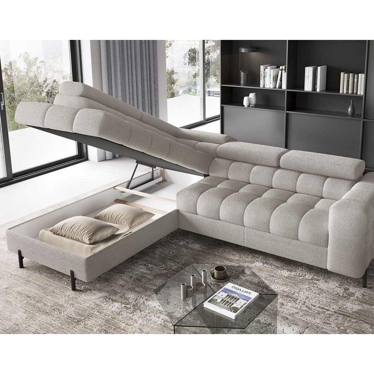 BEST MOBILIER Elisa - canapé d'angle gauche 5 places convertible avec coffre et têtières réglables en tissu bouclette