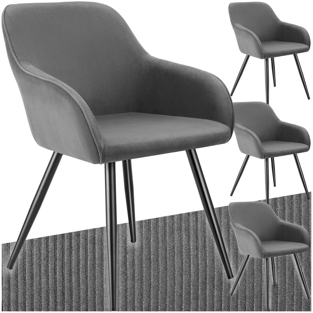 tectake Chaise de salle à manger rembourrée en velours côtelé gris/noir Lot de 4