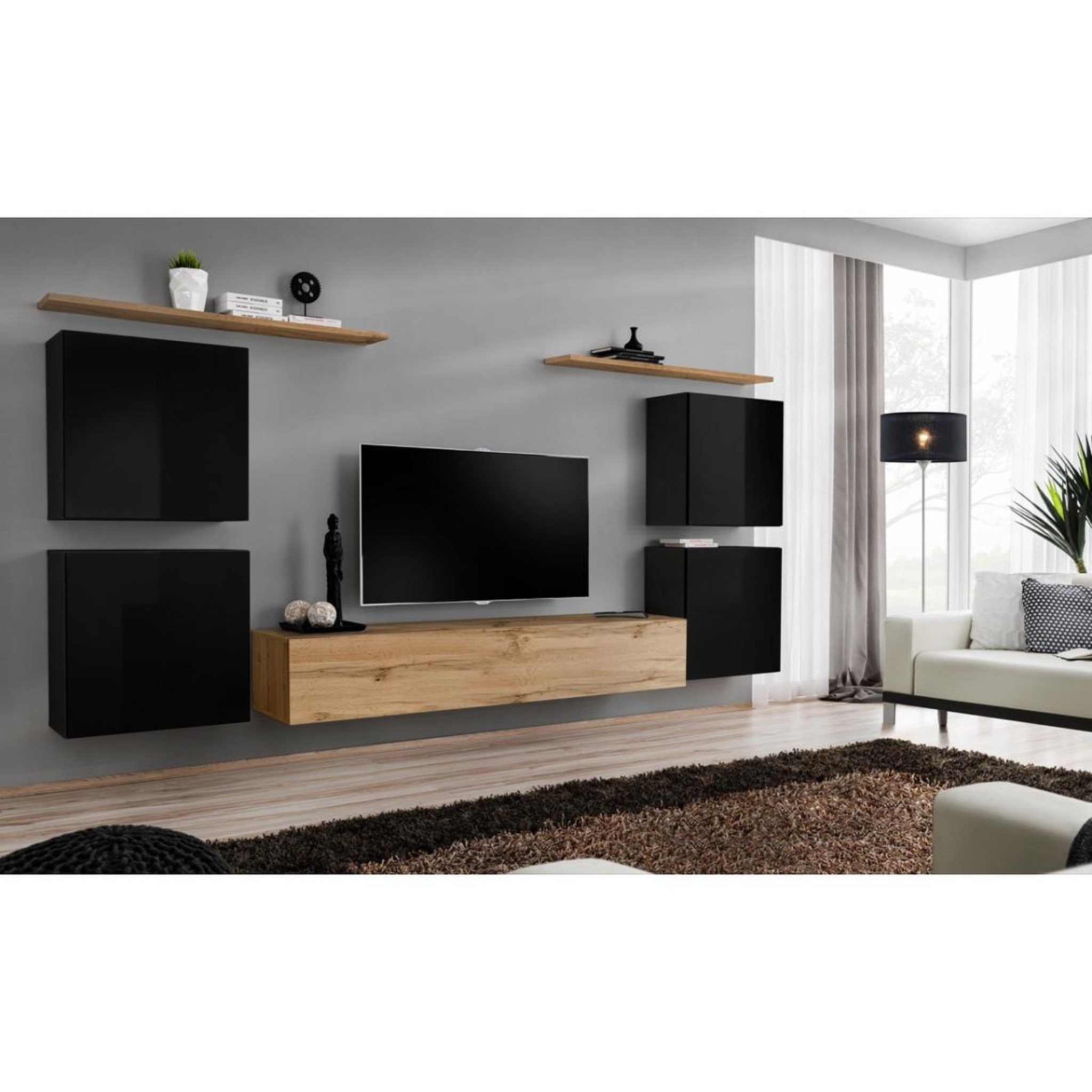 Voir la diapositive 2 : Paris Prix Meuble tv mural design  switch iv  320cm noir & naturel