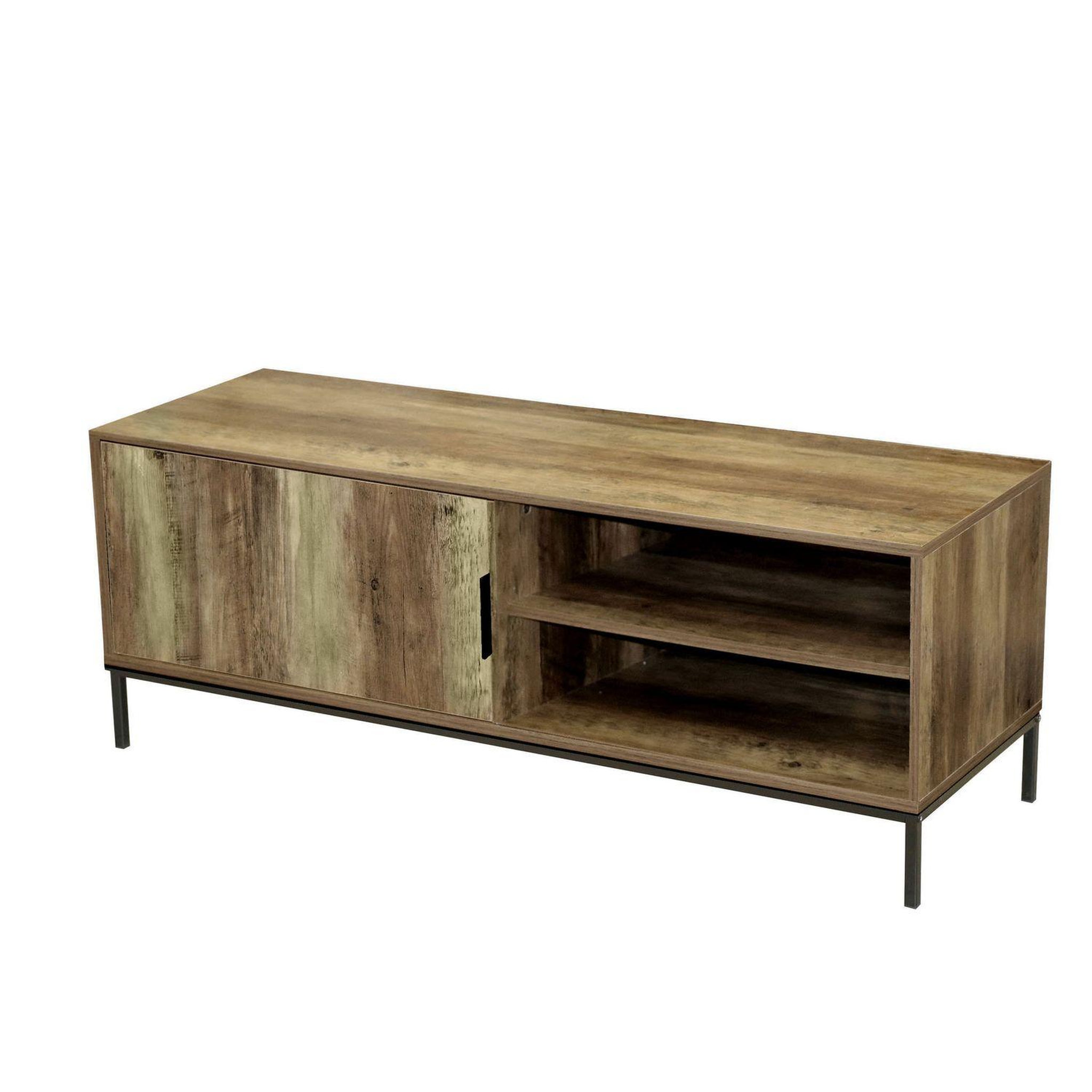 TOILINUX Meuble tv joya avec 1 porte et 2 niches de rangement - bois foncé et noir