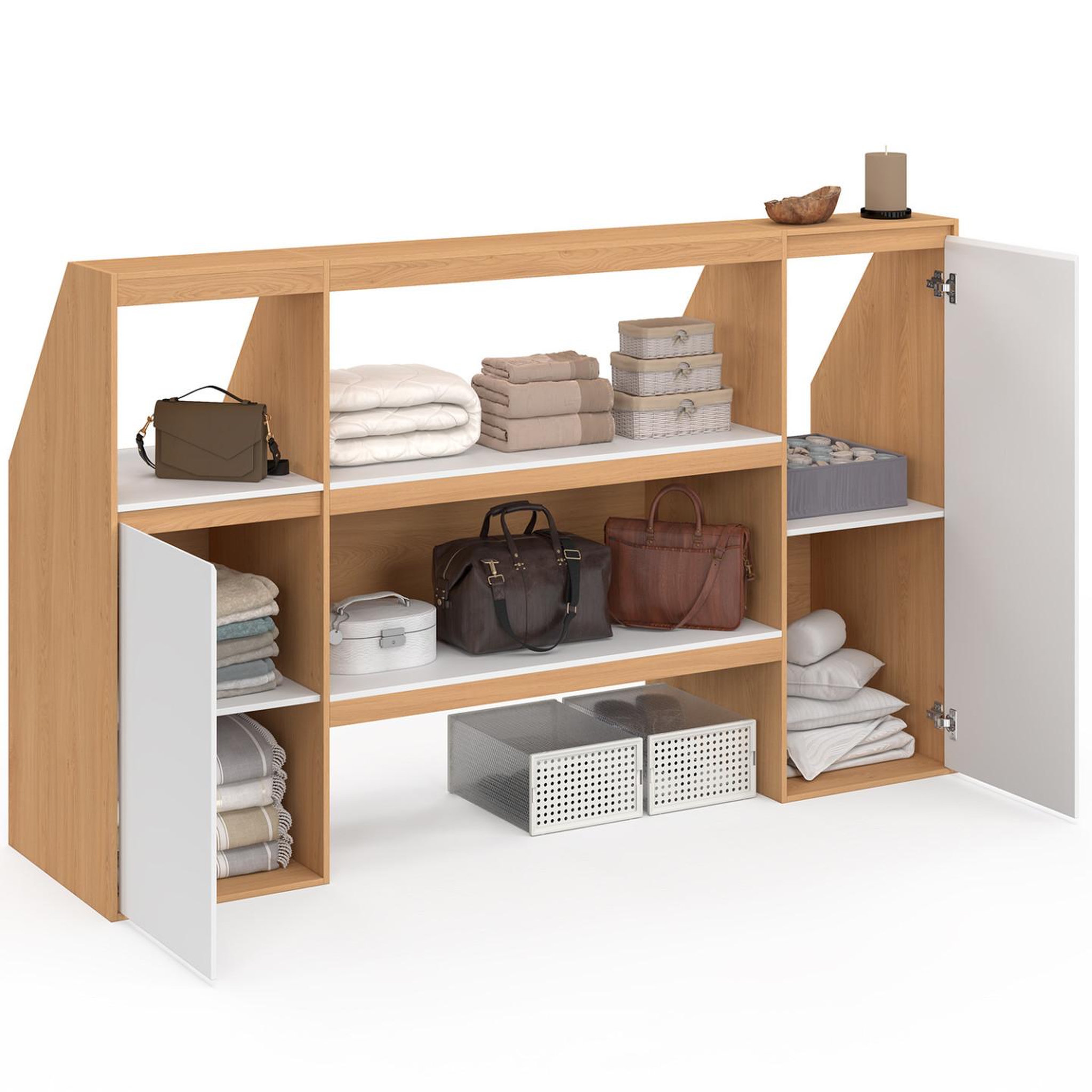 Voir la diapositive 4 : ID MARKET Ensemble étagère 2 niveaux, armoire 1 porte et armoire 1 porte + 1 niche sous pente tomi hêtre et blanc