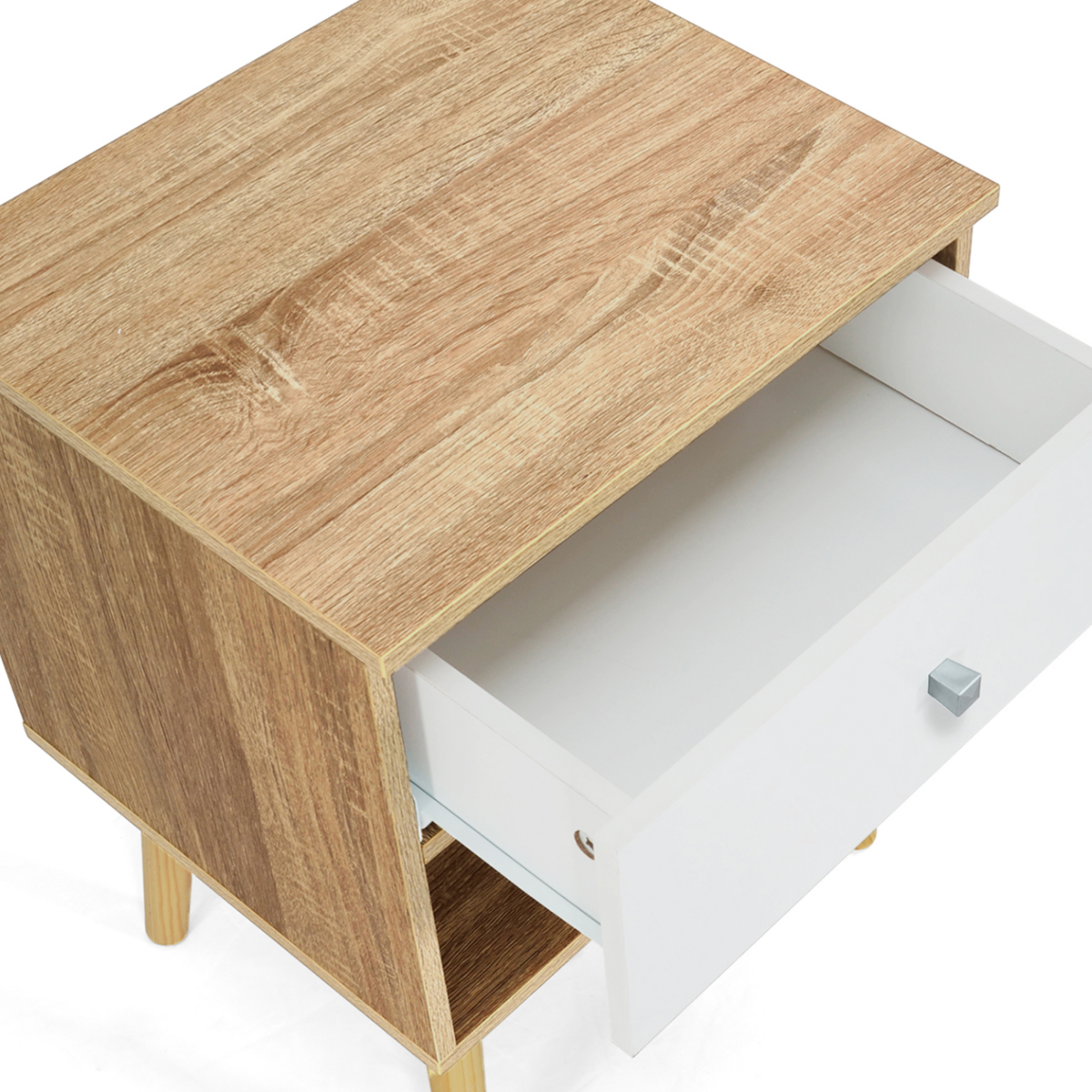 ID MARKET Lot de 2 tables de chevet EMMIE scandinaves 1 tiroir avec niche hêtre et blanc