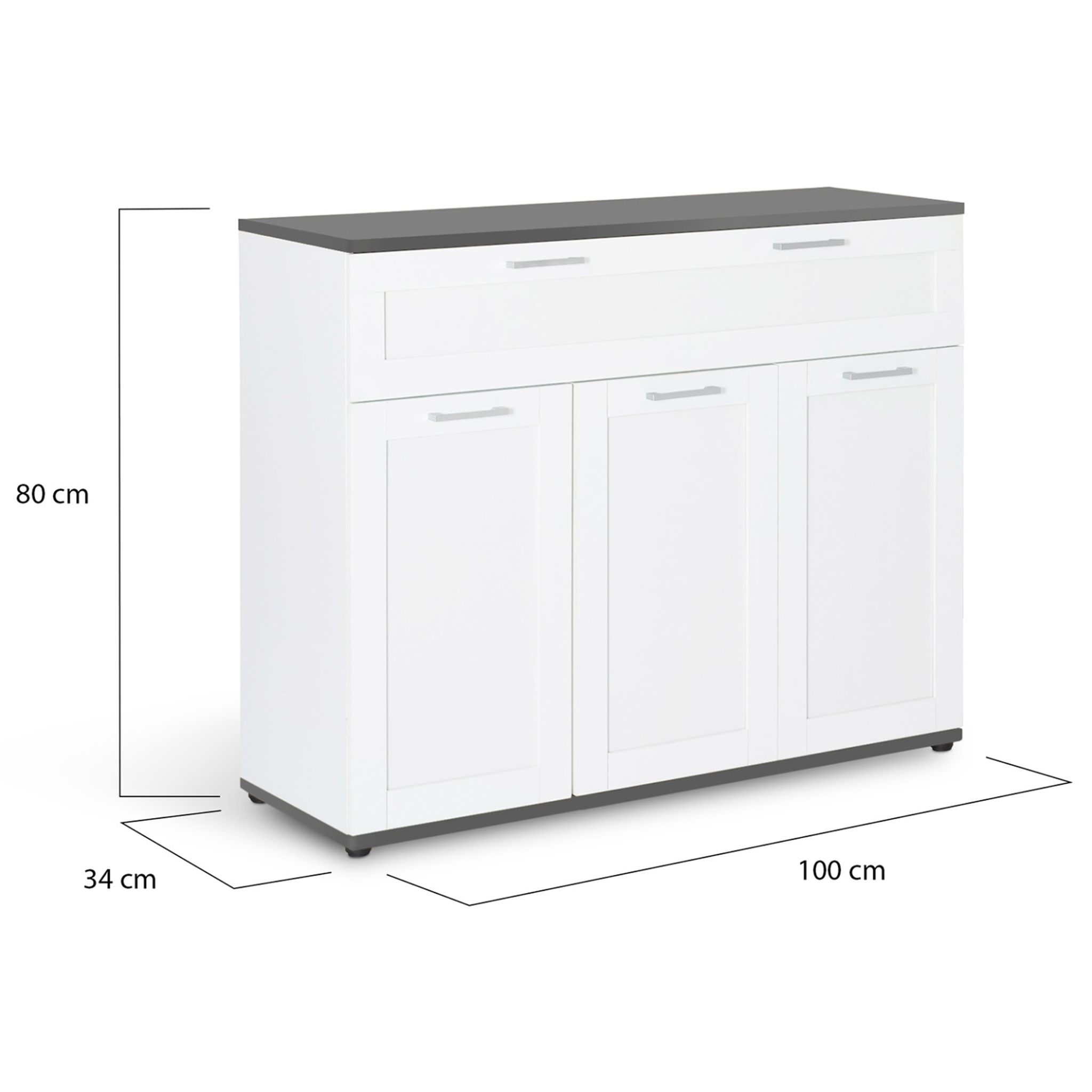 Voir la diapositive 5 : ID MARKET Buffet 100 cm vito 3 portes et 1 tiroir blanc et plateau gris
